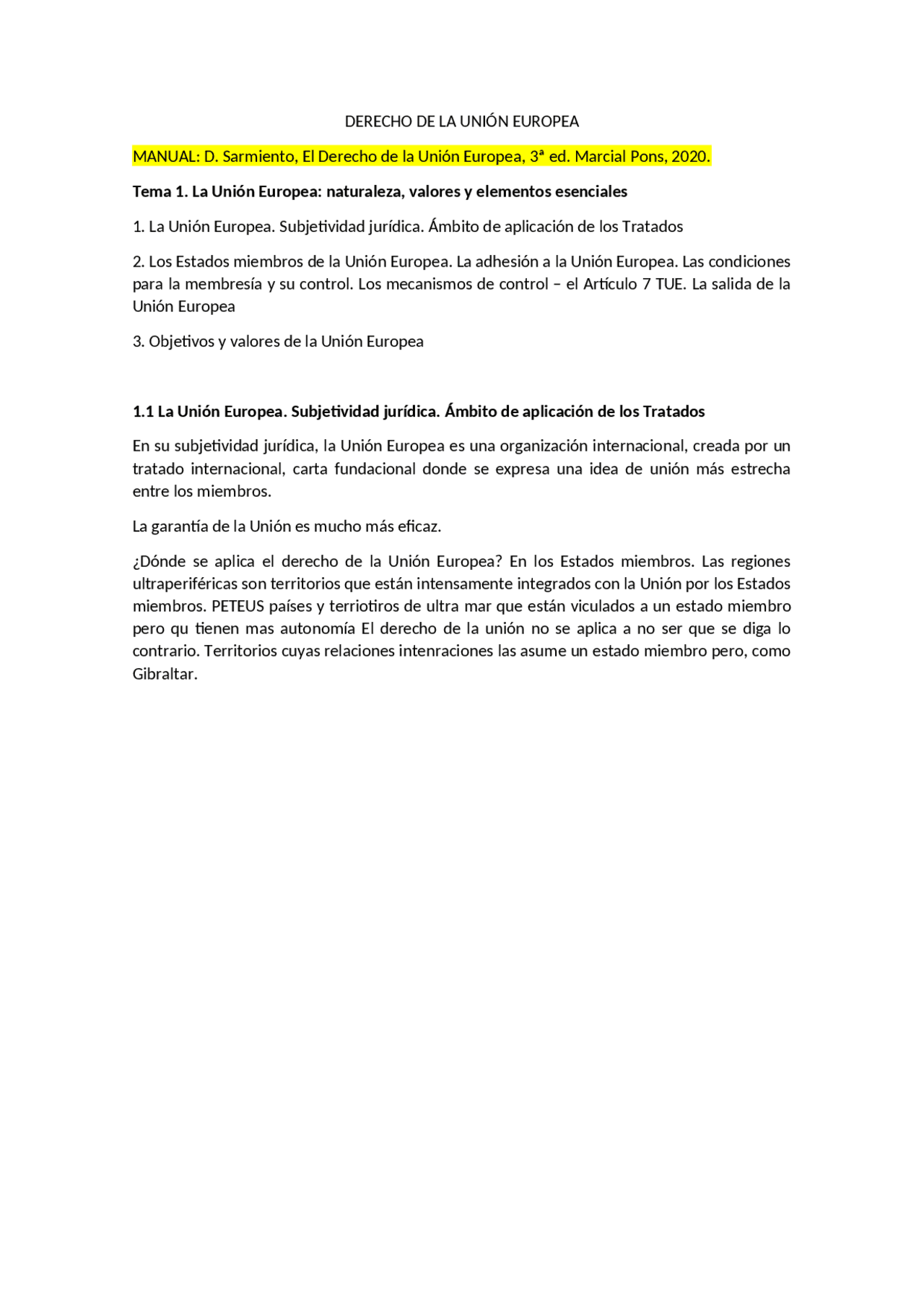 Derecho de la unión europea | Study notes of European Union law | Docsity