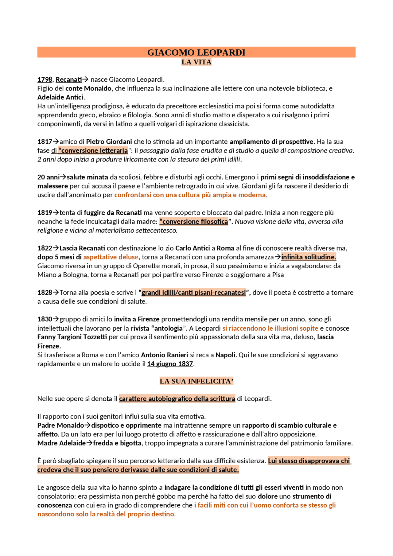 LEOPARDI E IL SUO PESSIMISMO (STORICO E COSMICO) Schemi e mappe concettuali di Lingue e