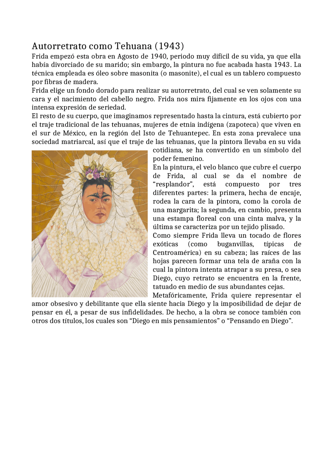 "Autorretrato como Tehuana" de Frida Kahlo Appunti di Spagnolo Docsity