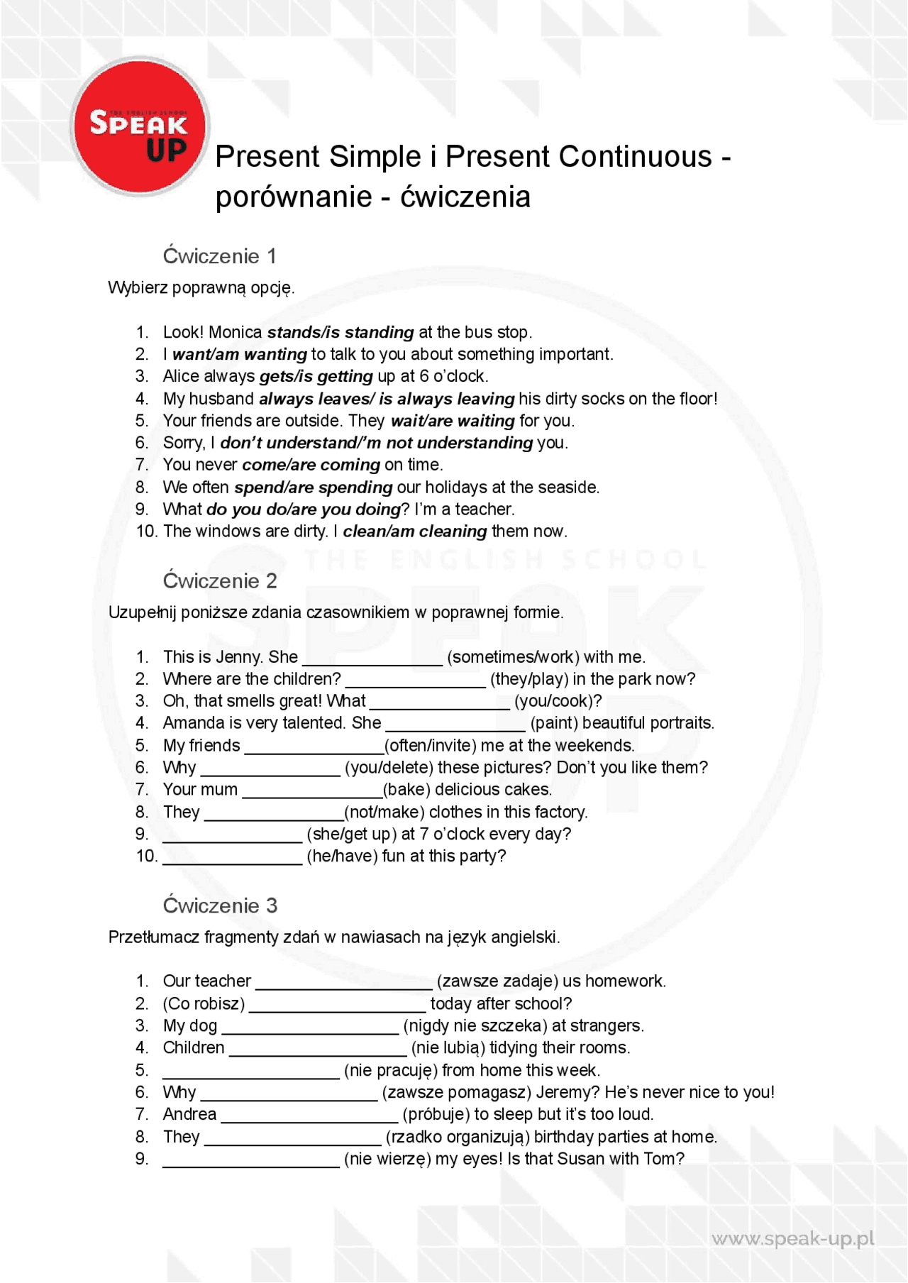 Czasy teraźniejsze - | Ćwiczenia Język angielski | Docsity