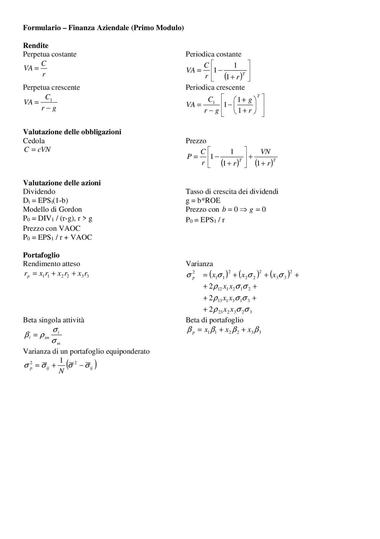 Formulario Finanza Aziendale | Formulari di Finanza Aziendale | Docsity