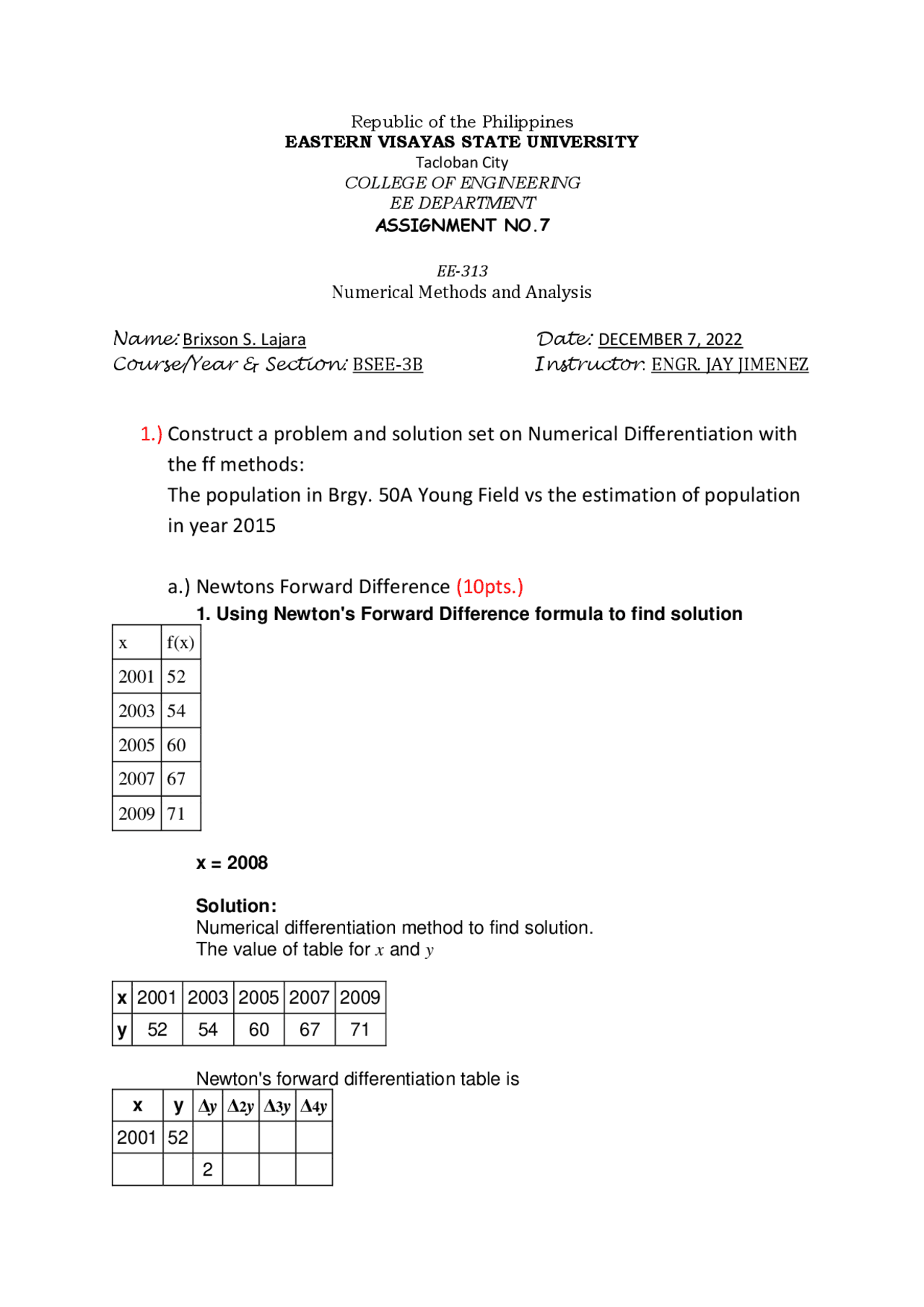 Numerical methods assignment | Quizzes Mathematics | Docsity
