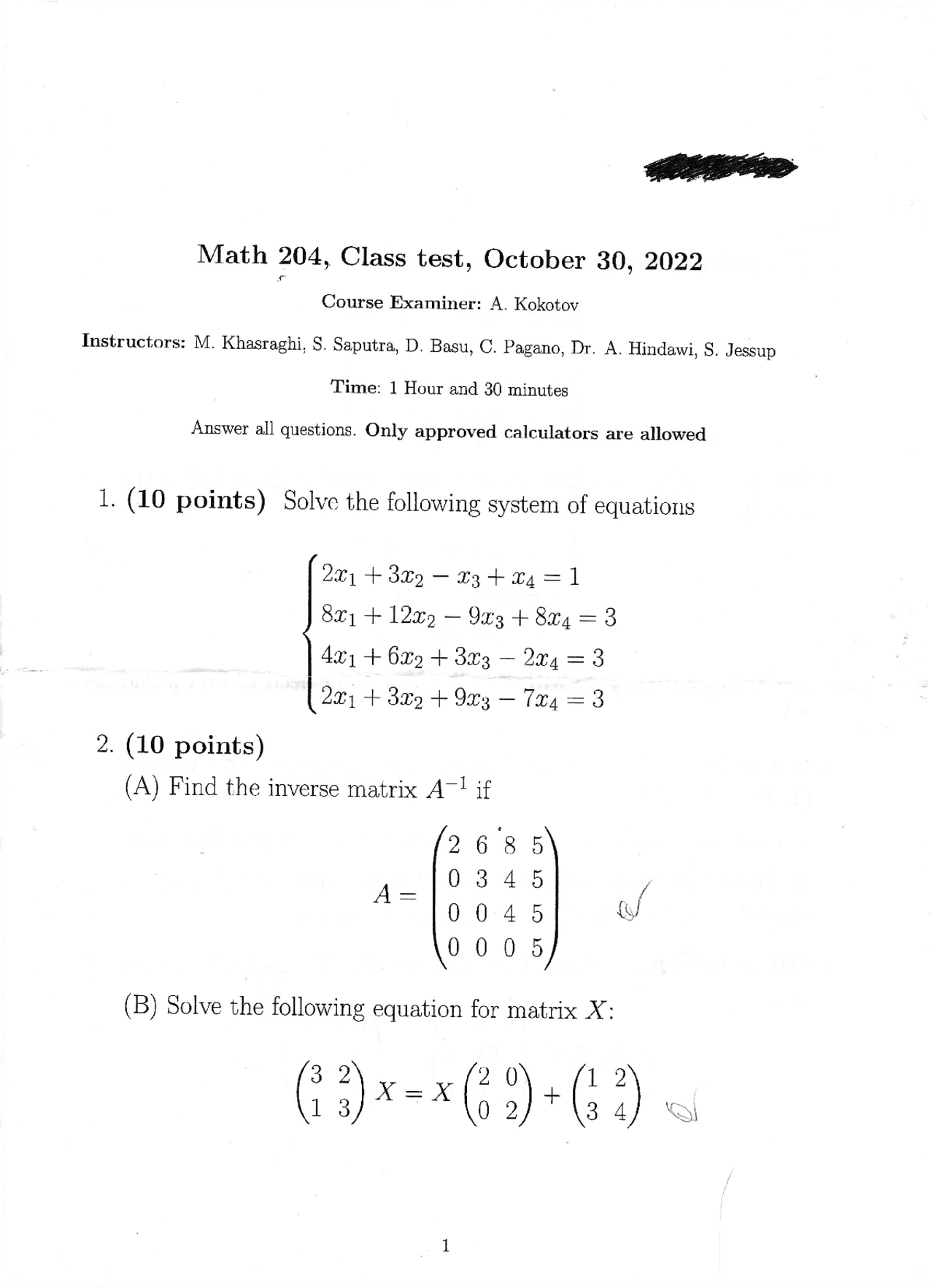 Math204 - Midterm 2022 | Exams Linear Algebra | Docsity