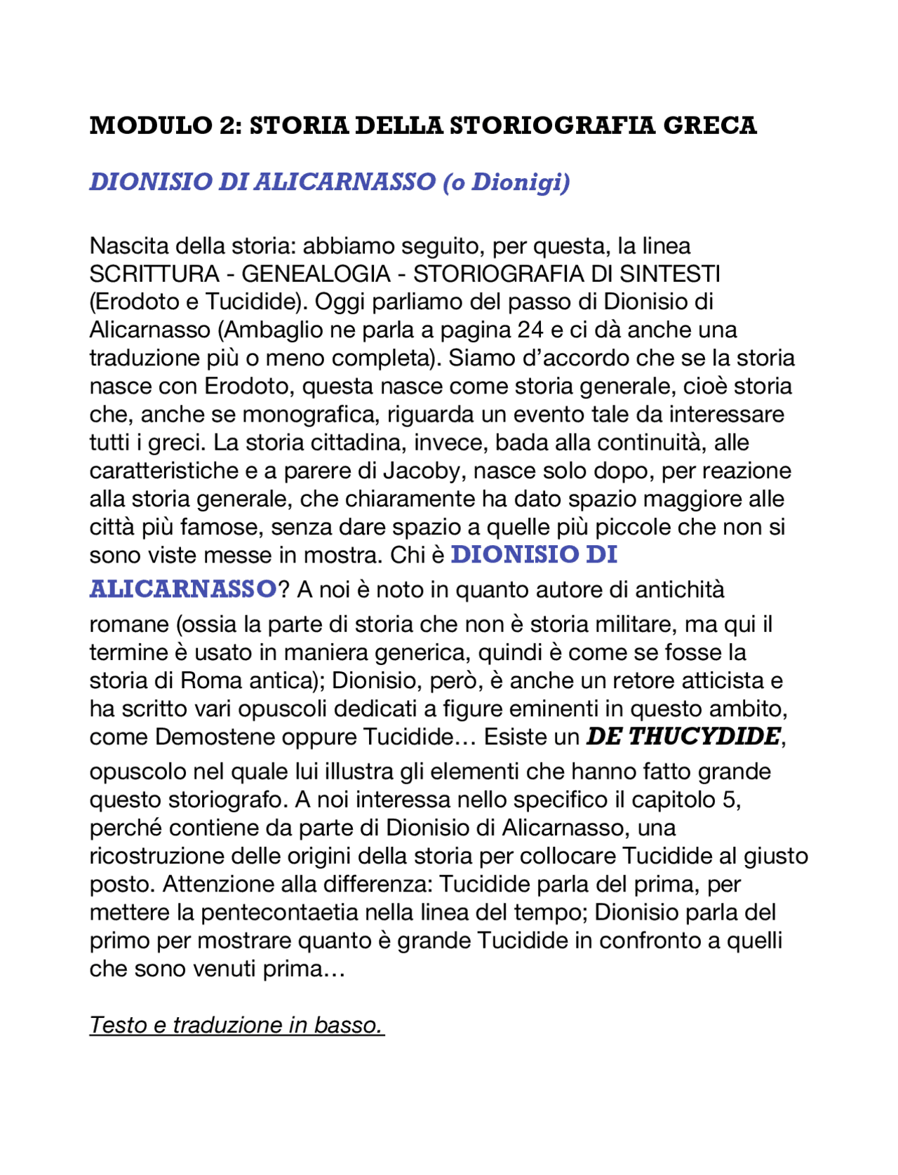 Dionisio/Dionigi di Alicarnasso De Thucydide, traduzione. Appunti