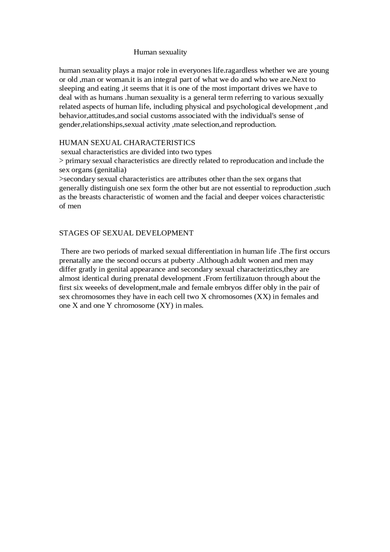 Human sexuality and stages | Study notes Medical Sciences | Docsity