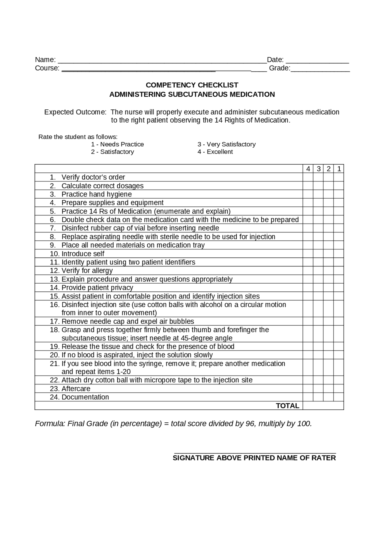 Competency Checklist - Administering a Subcutaneous Injection ...