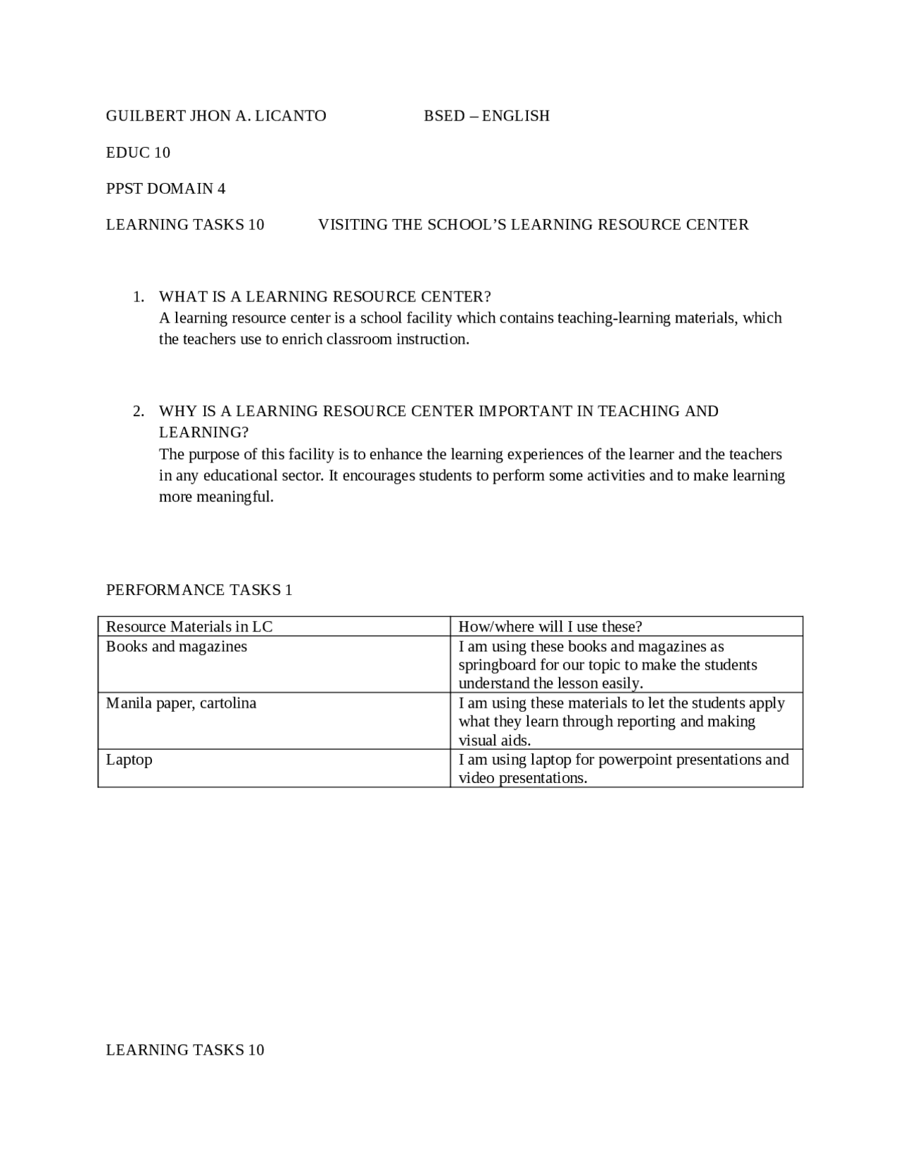 Educ 10 Learning tasks, performance tasks, learning artifacts, student ...