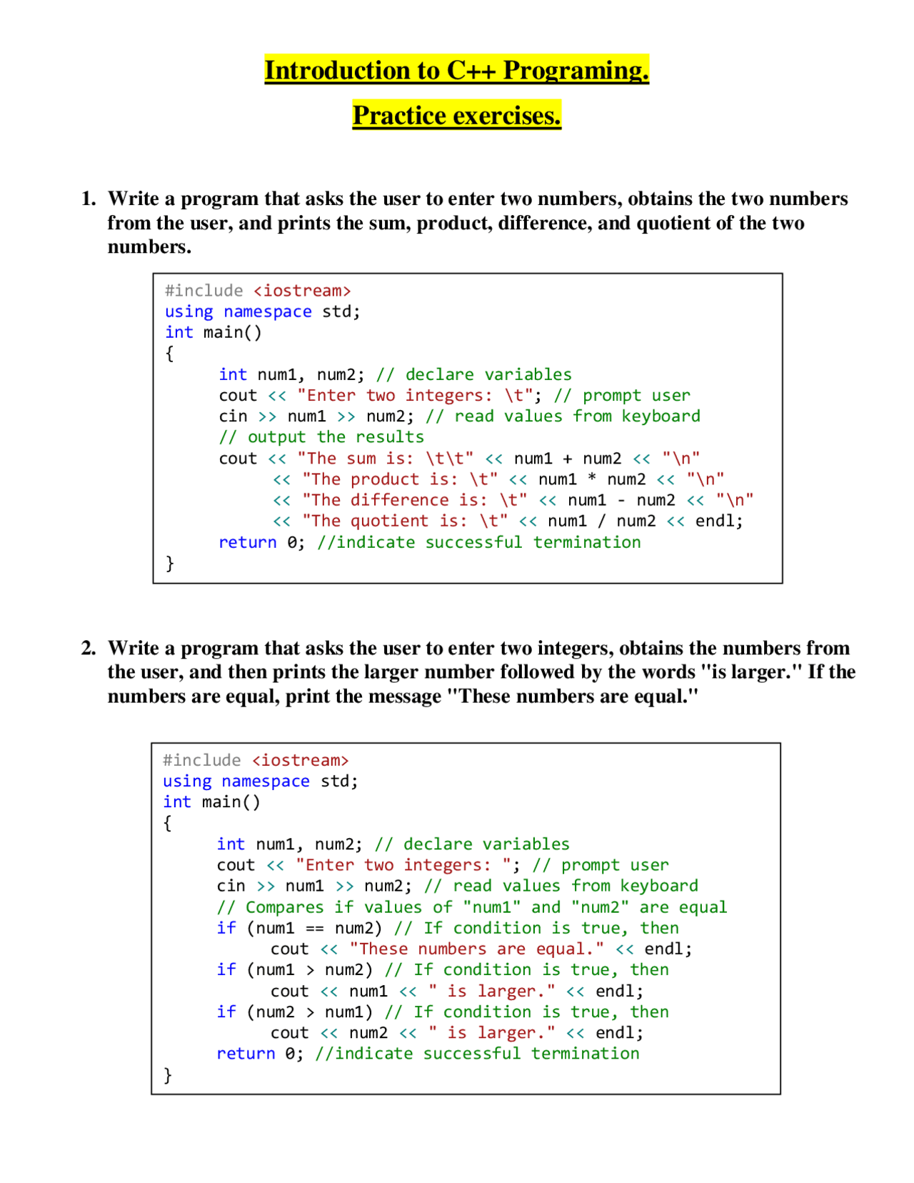 C++ introduction exercises | Exercises Computer Science | Docsity