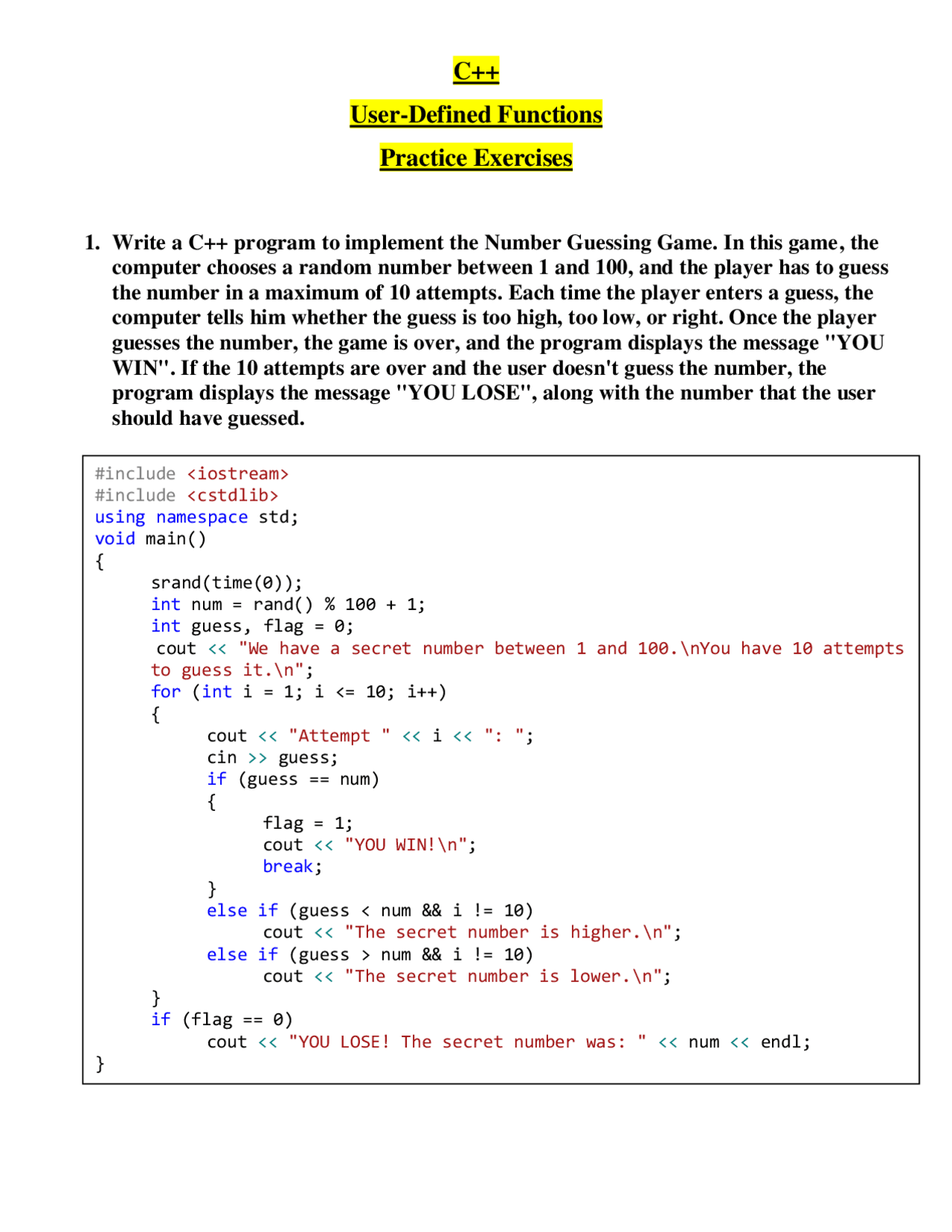 C++ Functions Exercises | Exercises Computer Science | Docsity