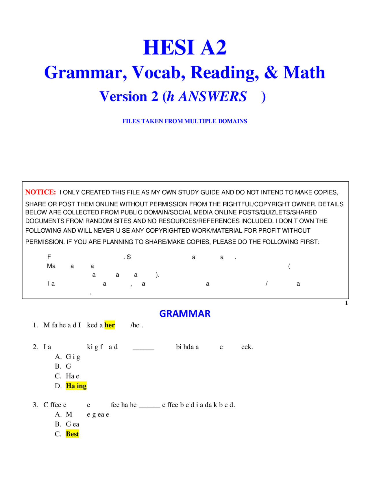 HESI A2 Version 2 Grammar Vocab Reading Math Study Guide | Exams ...