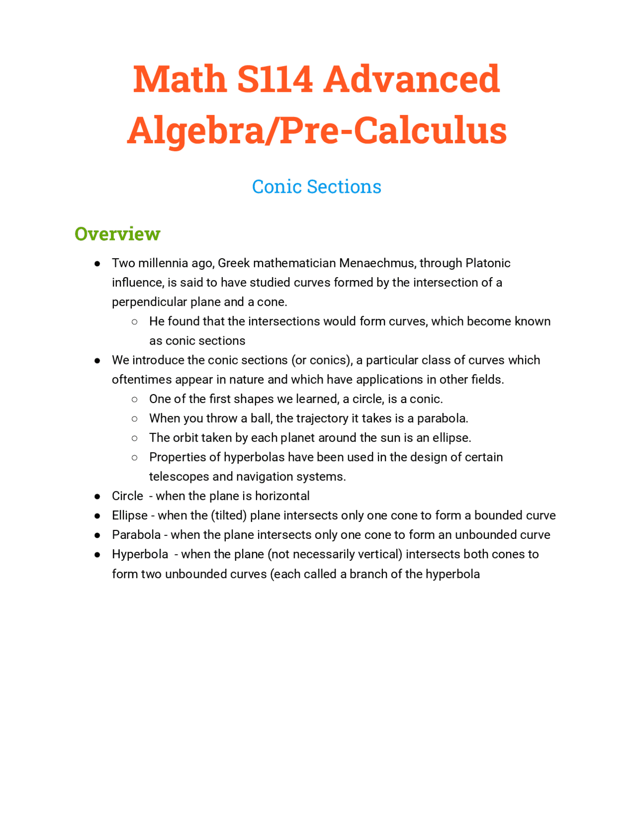 Pre Calculus Lecture Notes Pre-Calculus notes (Conic Sections, Circle, Parabola, Ellipse ...