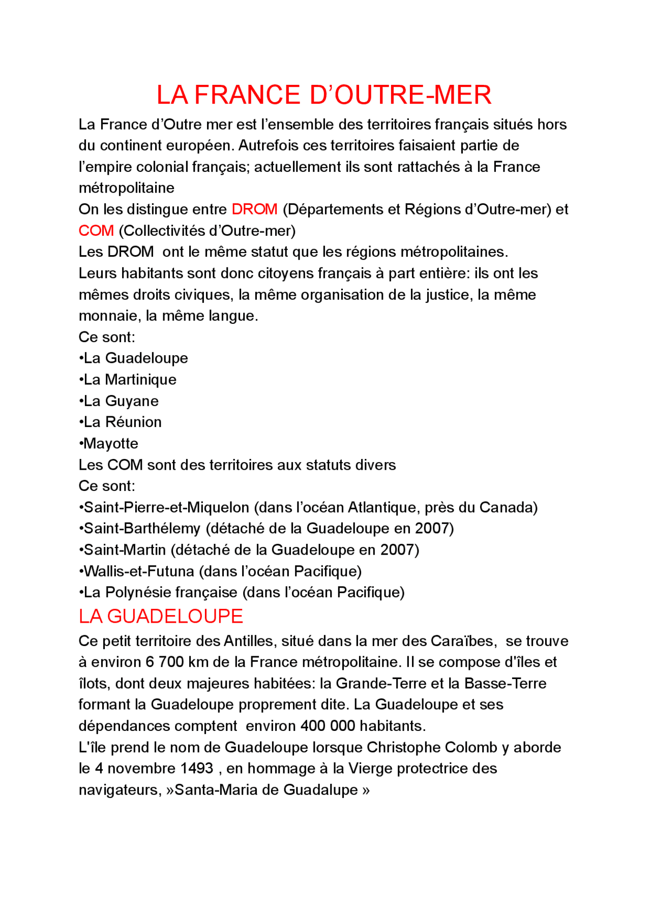 La France d'Outre Mer | Appunti di Francese | Docsity