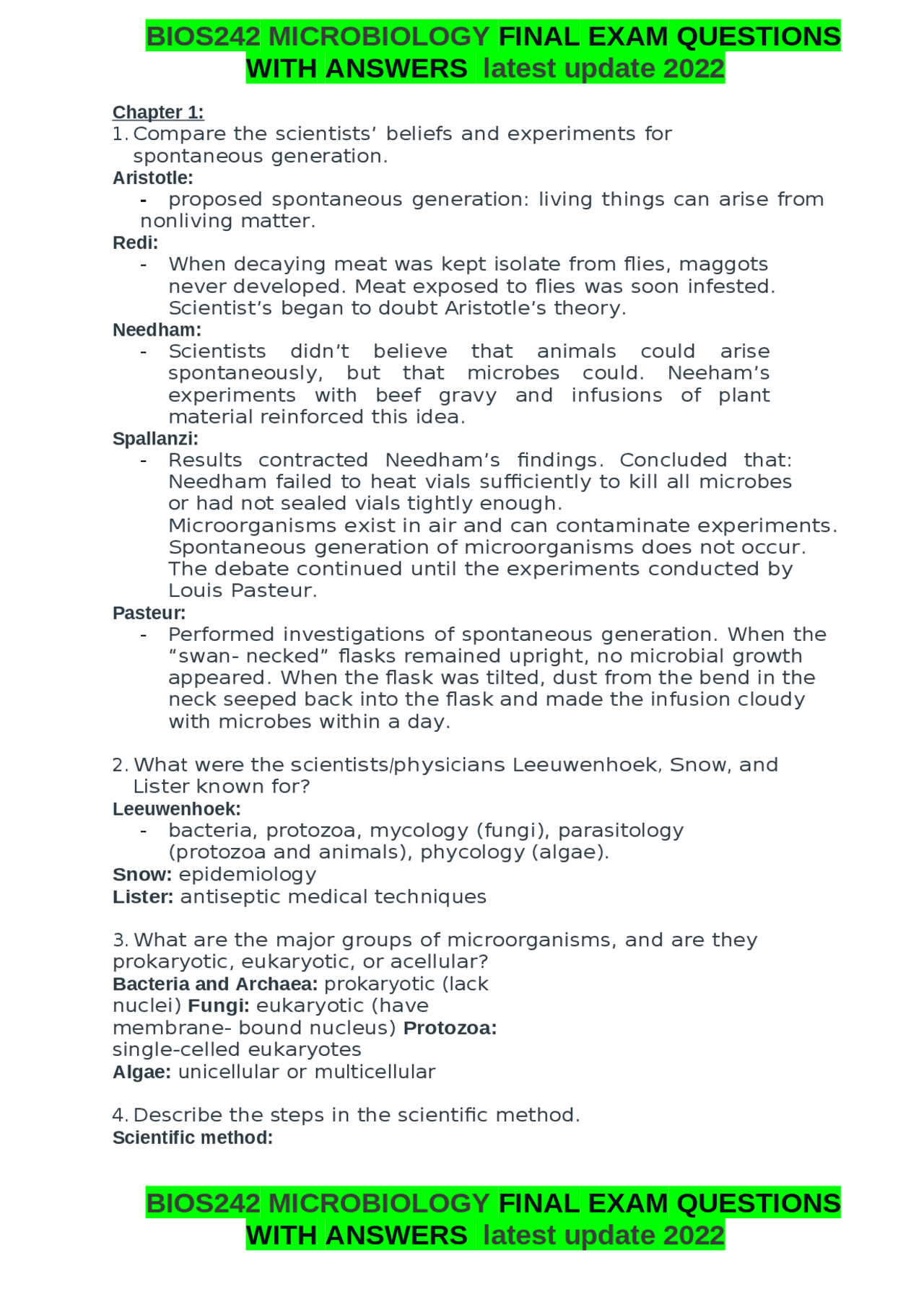 BIOS242 MICROBIOLOGY FINAL EXAM QUESTIONS WITH ANSWERS latest update ...