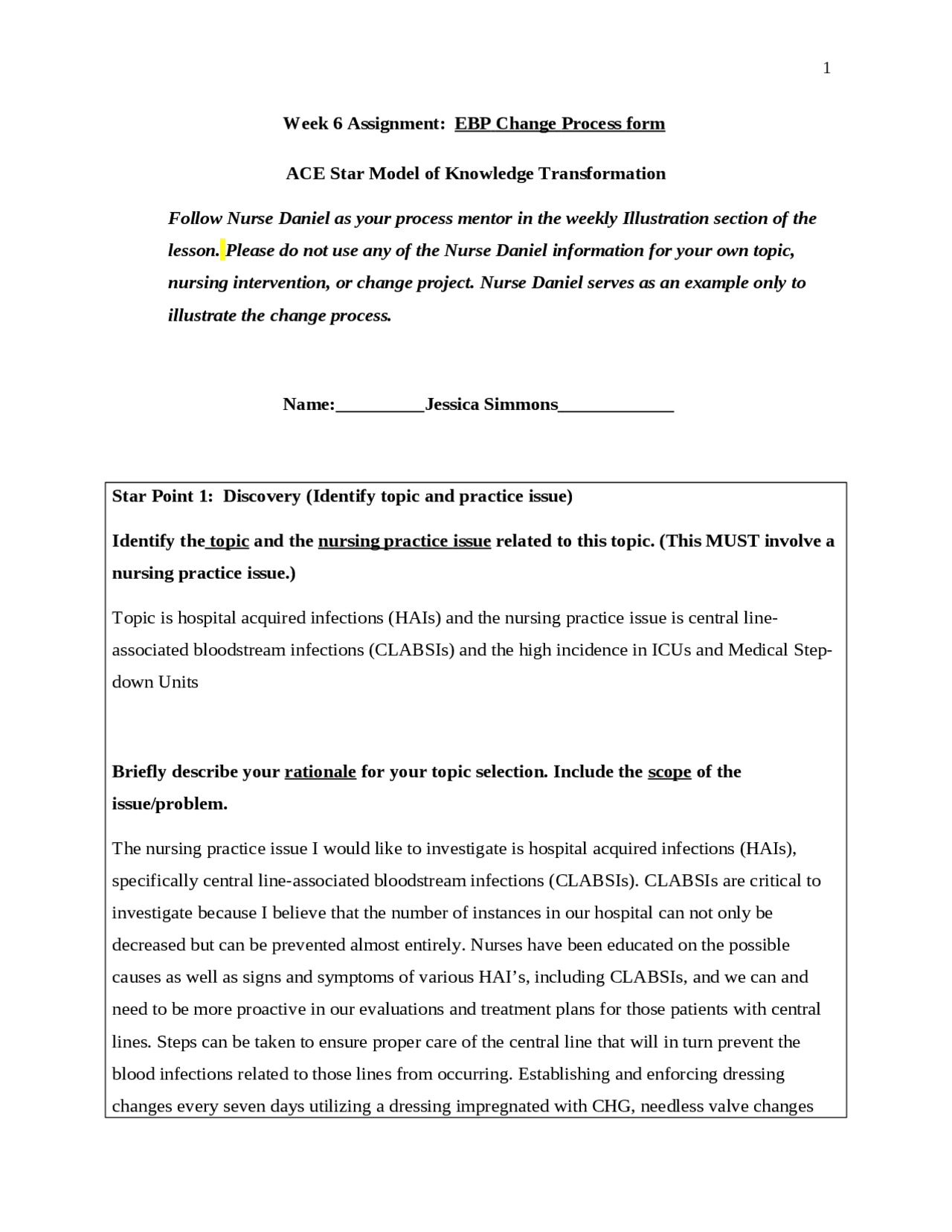 Week 6 Assignment: EBP Change Process form ACE Star Model of Knowledge ...