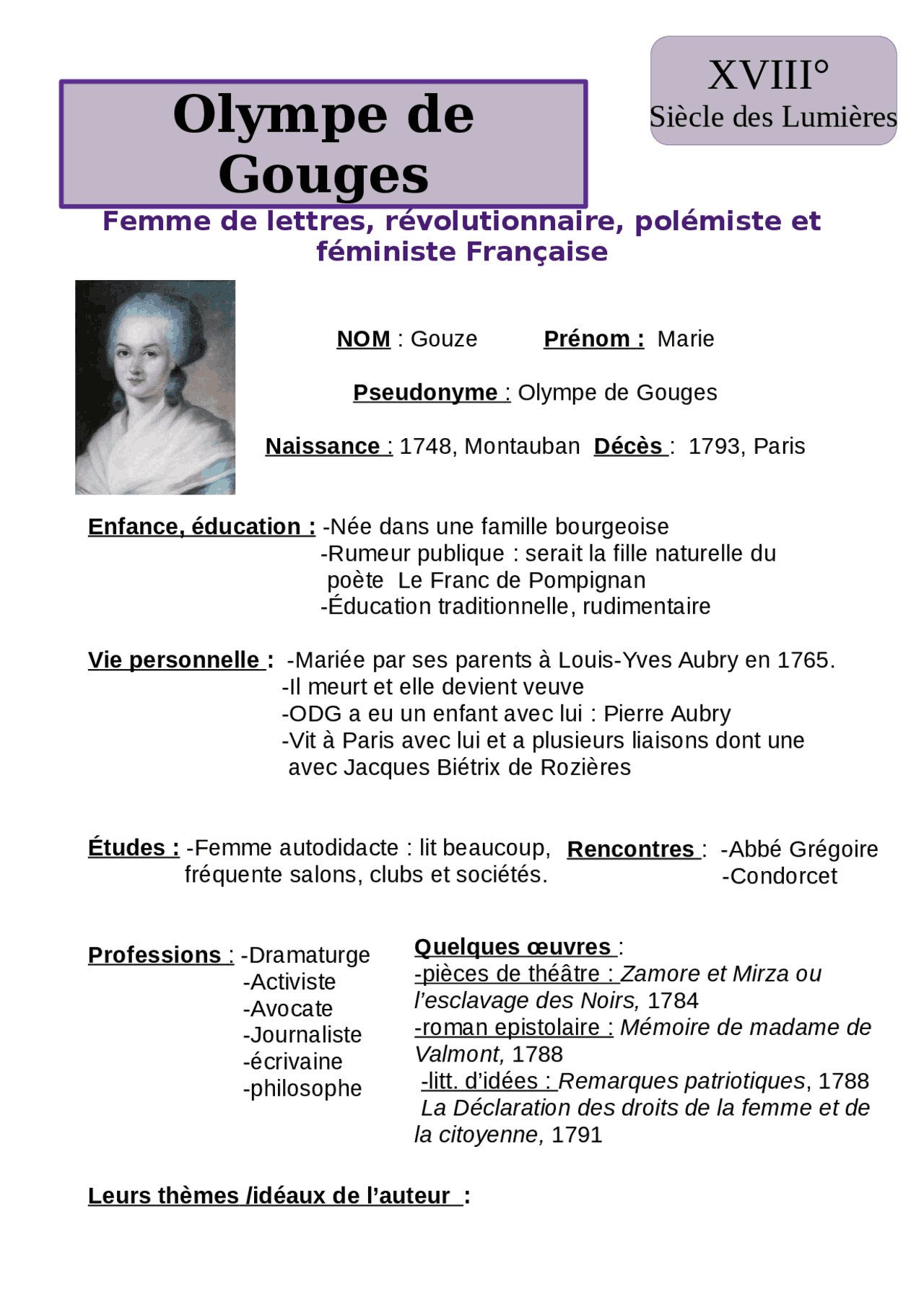 Fiche auteur sur Olympe de Gouges | Résumés Français | Docsity