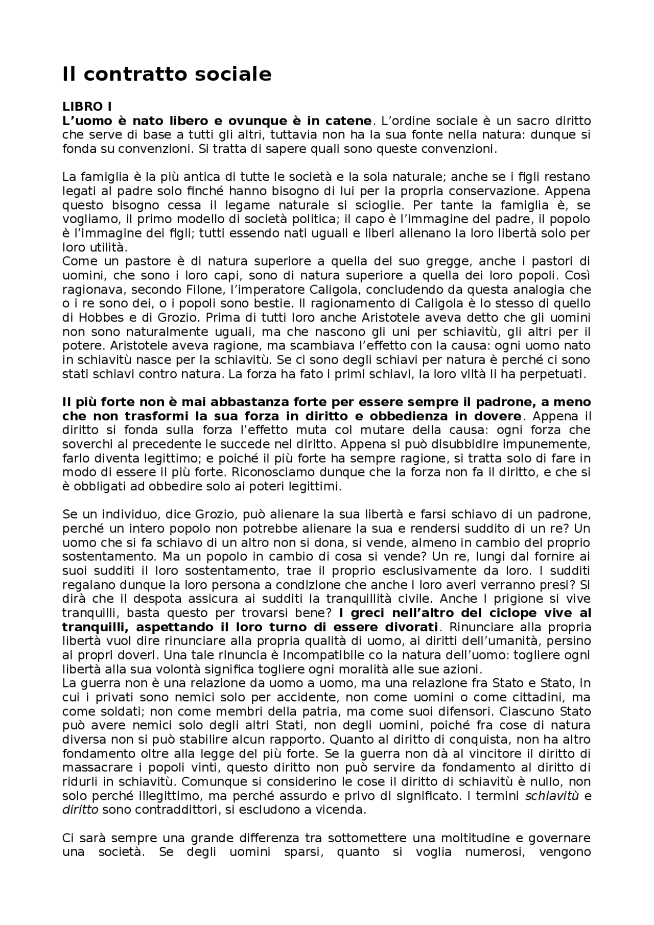 Riassunto il Contratto Sociale Sintesi del corso di Filosofia