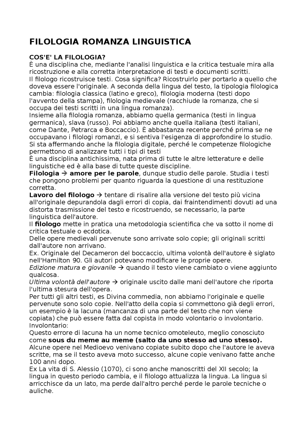 Filologia romanza linguistica | Sbobinature di Filologia romanza | Docsity