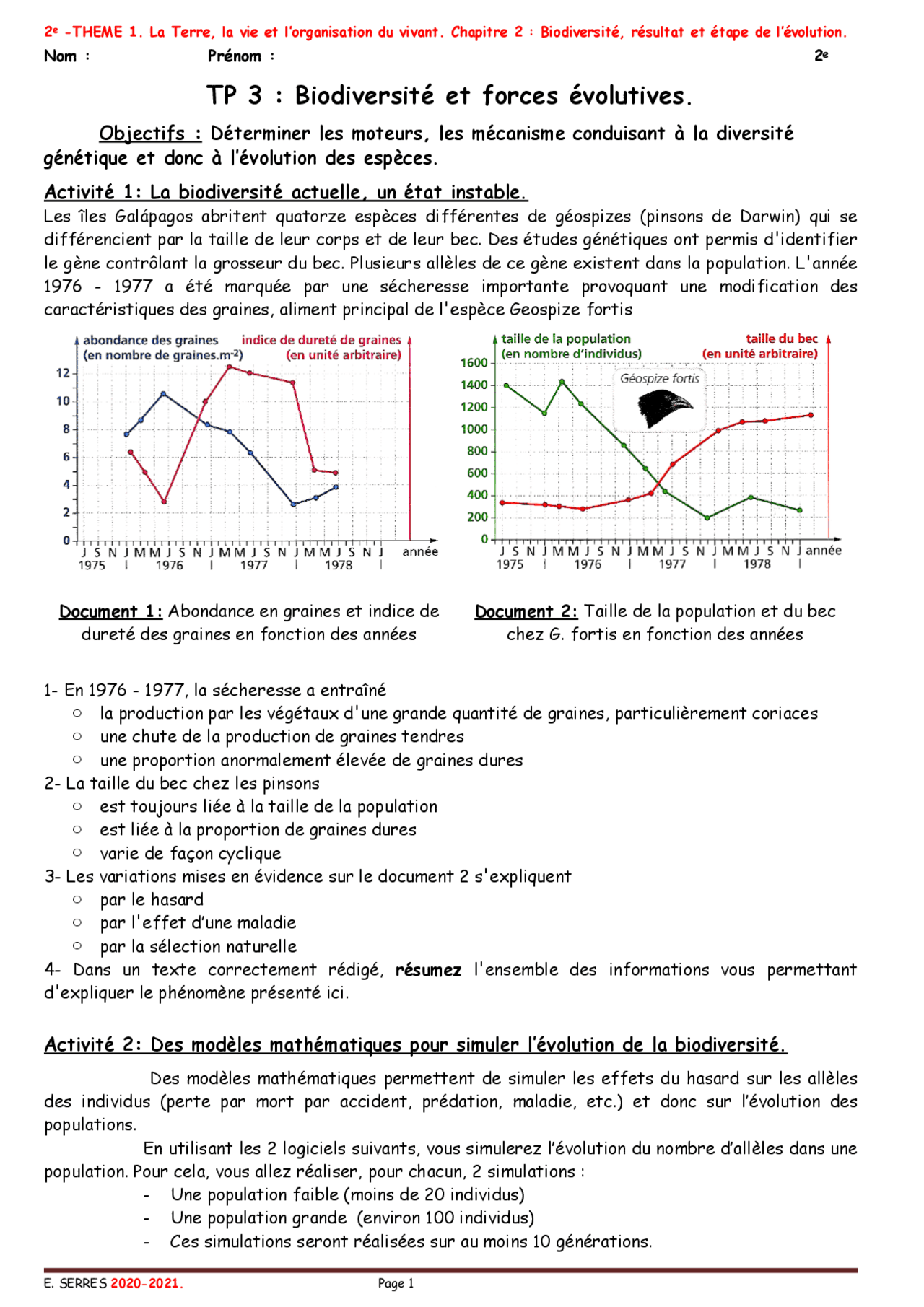 Sélection naturelle science et vie de le terre | Exercices Sciences de ...