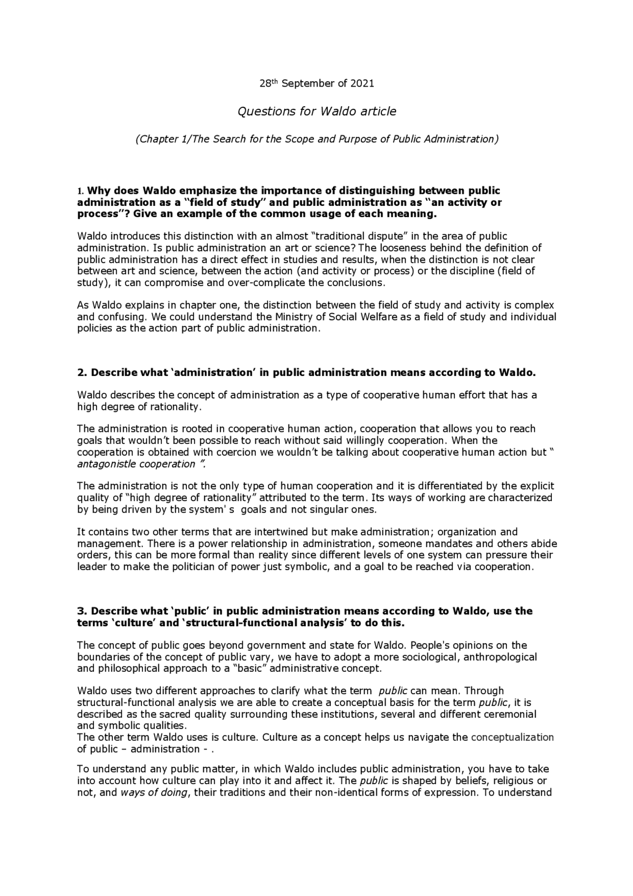 Public Administration and Organisations (USG5520); questions about the  literature | Assignments Political Theory | Docsity