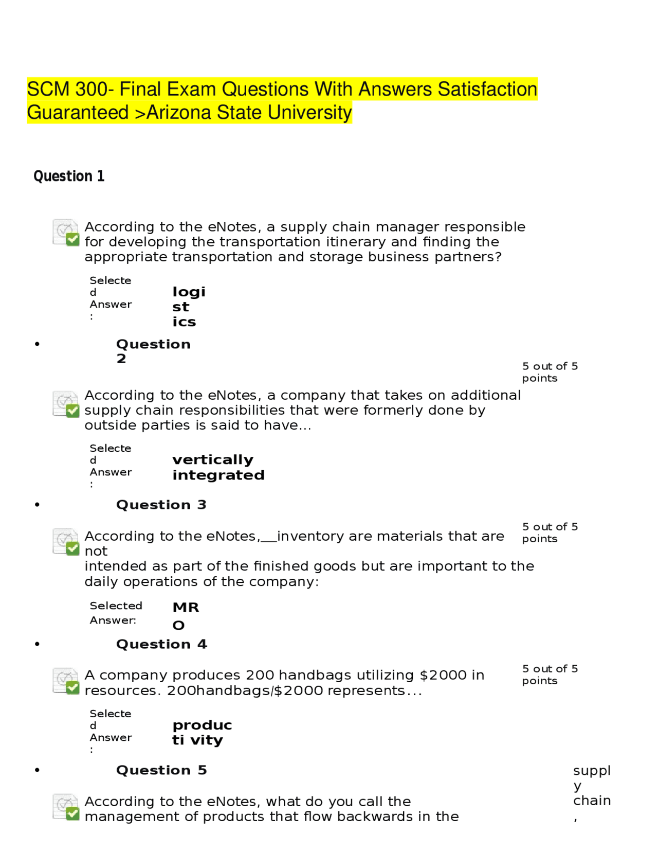 SCM 300- Final Exam Questions With Answers Satisfaction Guaranteed ...