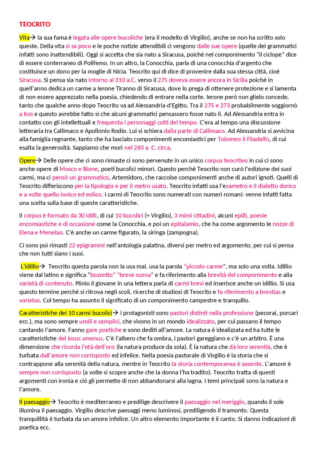 TEOCRITO e analisi delle sue opere Apuntes de Cultura Clásica Docsity