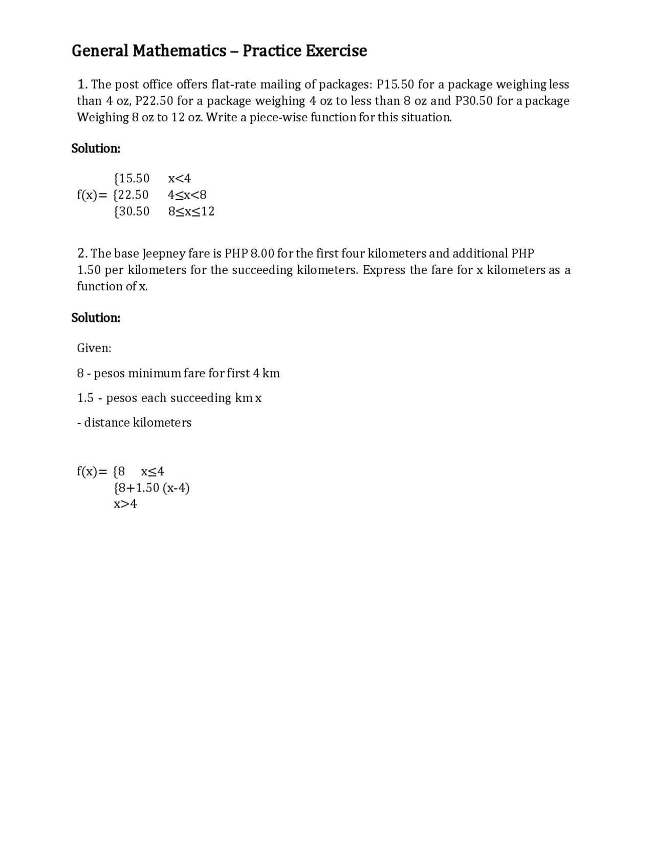 General Mathematics - Practice Exercise 1 | Exercises Mathematics | Docsity