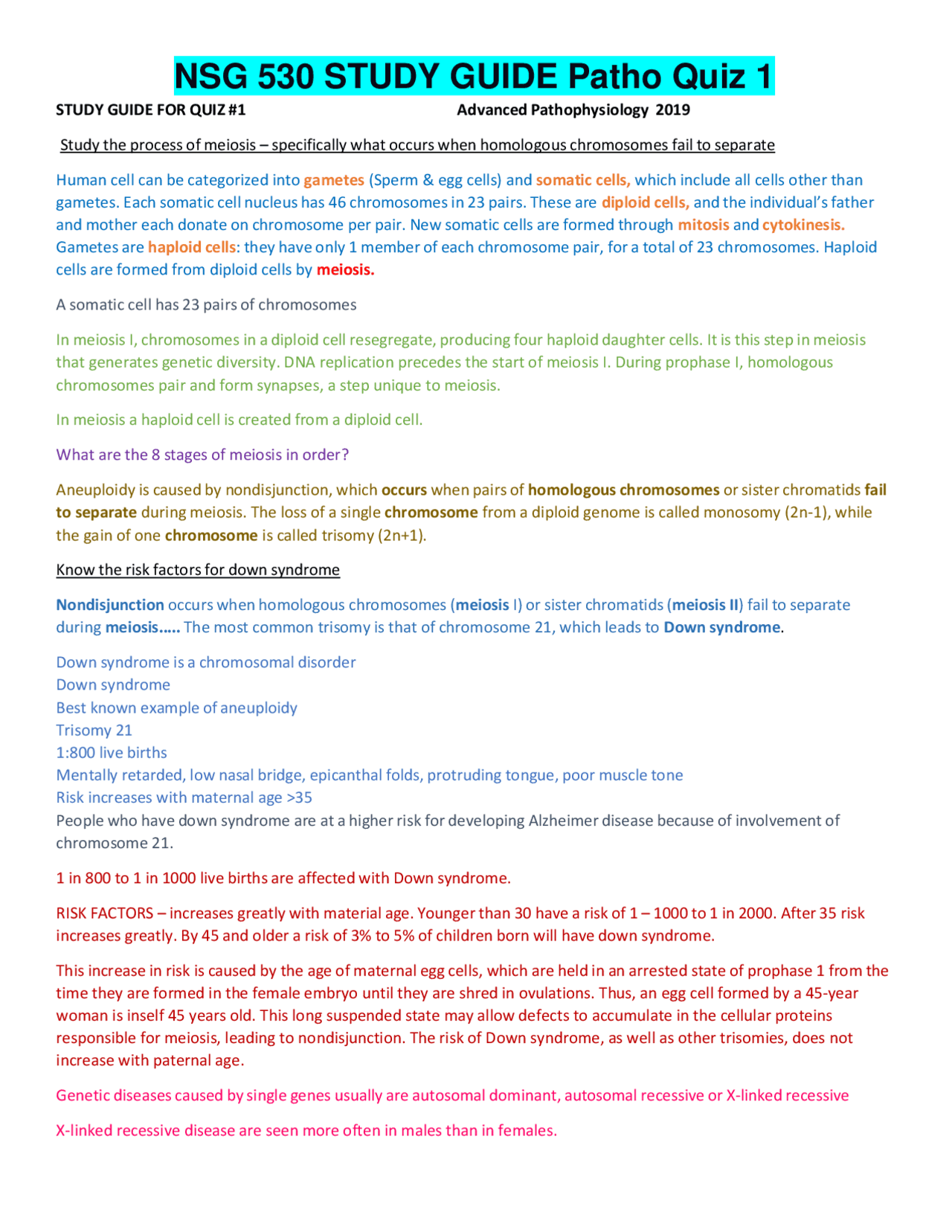 NSG 530 STUDY GUIDE Patho Quiz 1 ALL WELL ELABORATED verified ...