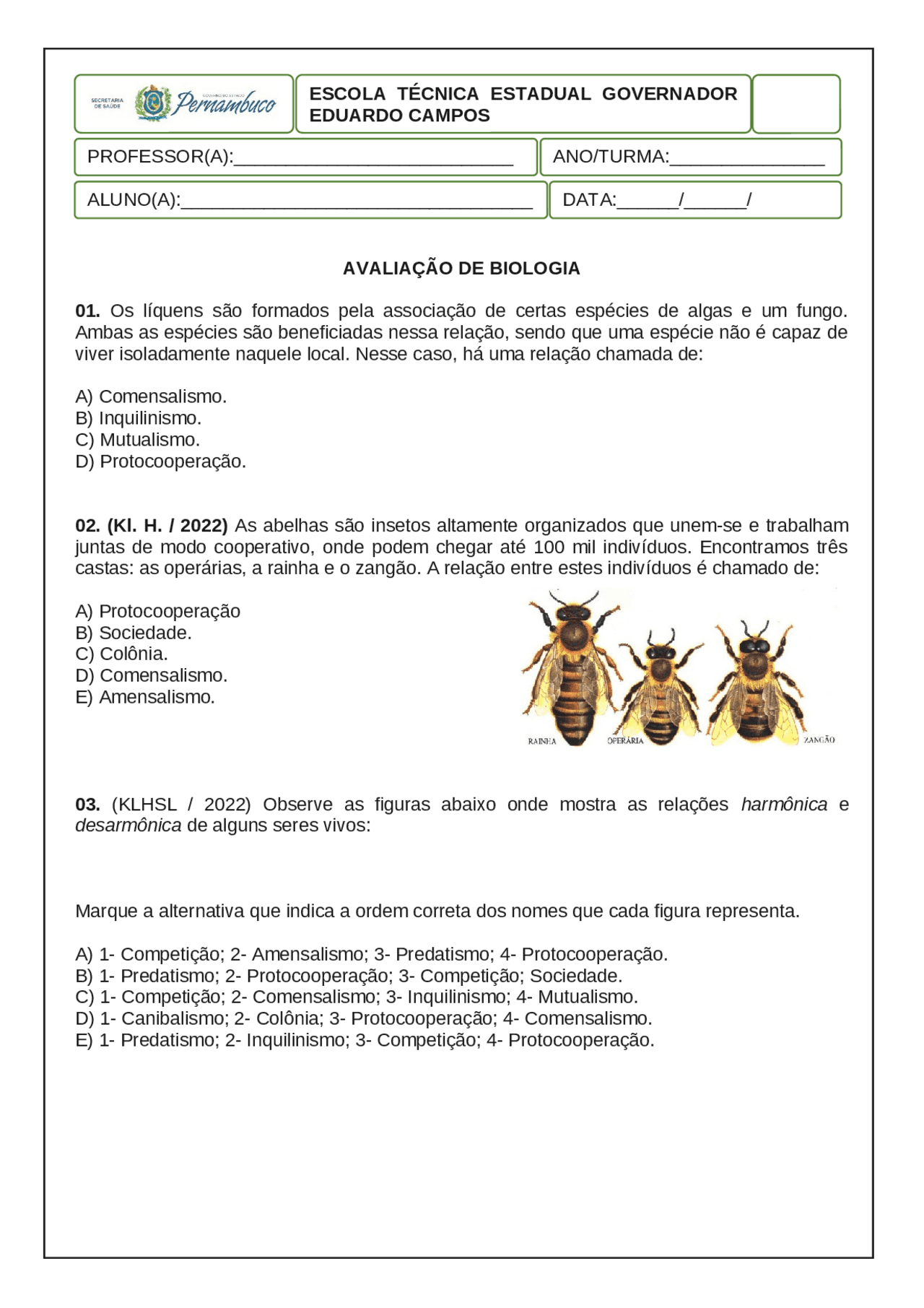 Avaliação de Biologia: Perguntas e Respostas | Esquemas Biologia | Docsity