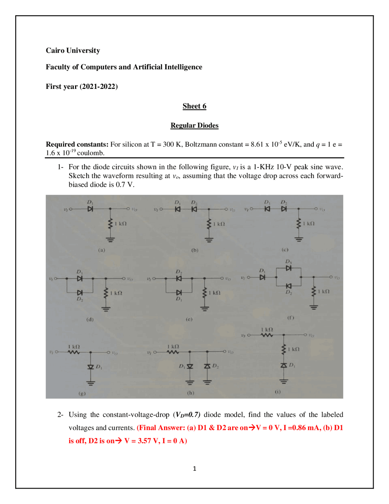 Regular diodes exercise | Lab Reports Electronics | Docsity