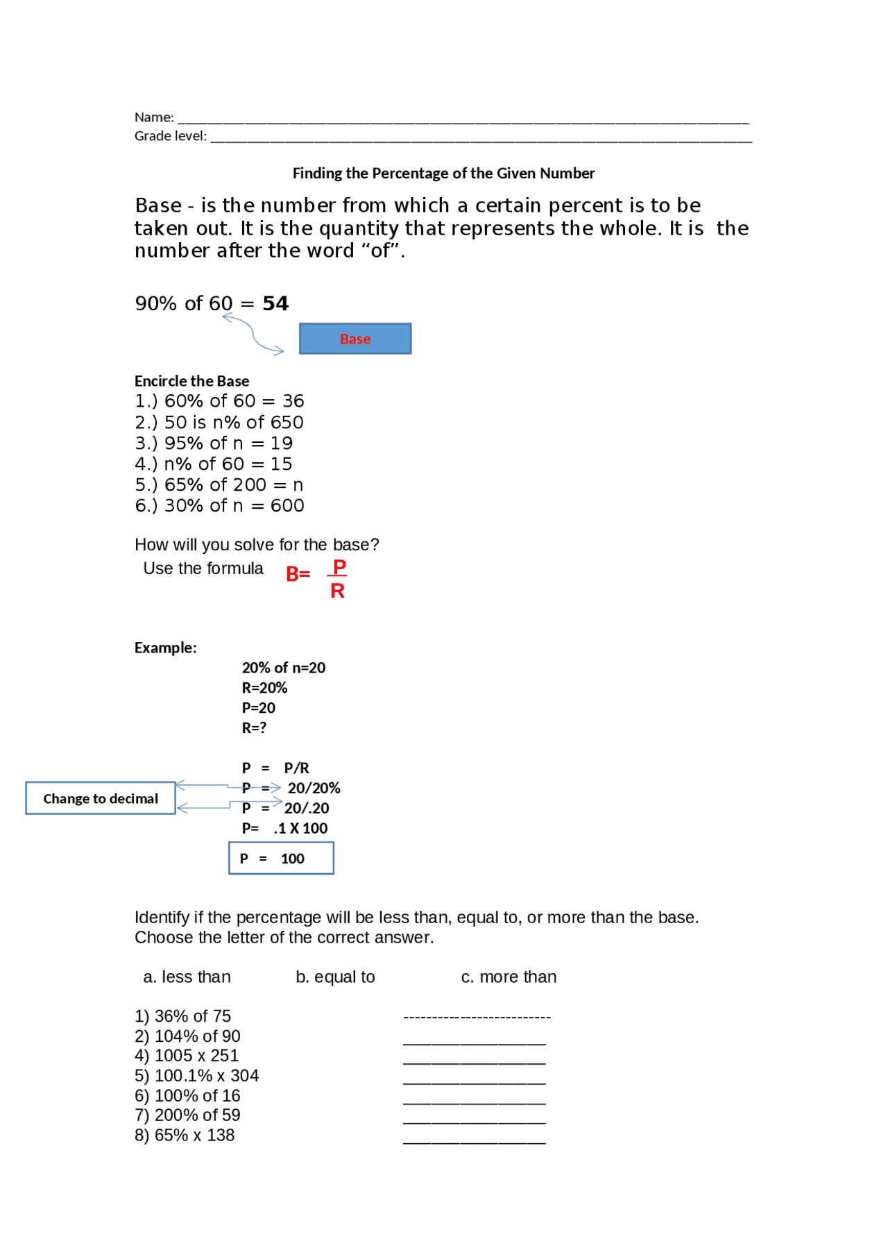Finding Base Worksheet | Exercises Mathematics | Docsity