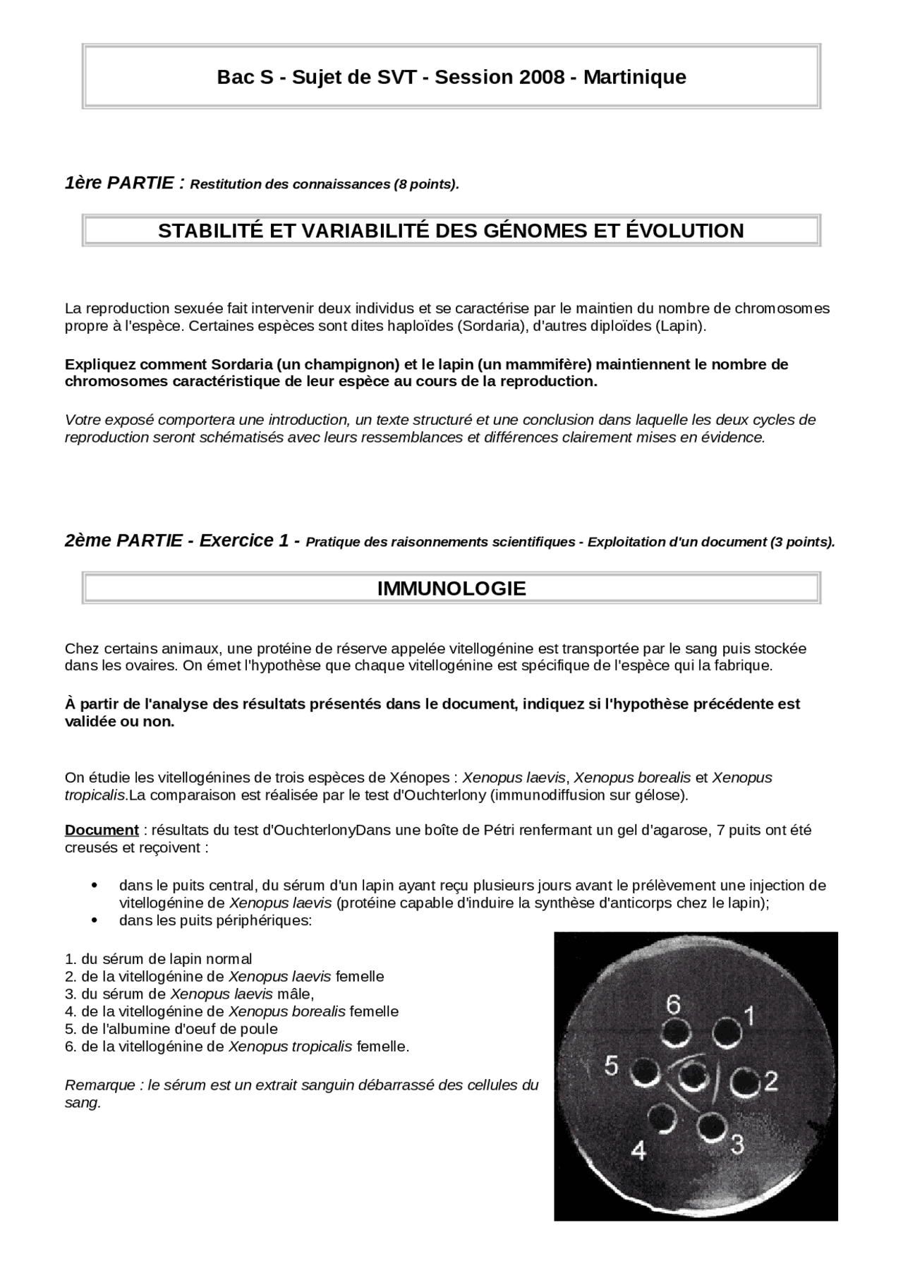Sujet bac s svt 2005 métropole | maturité tests effectués Sciences de ...