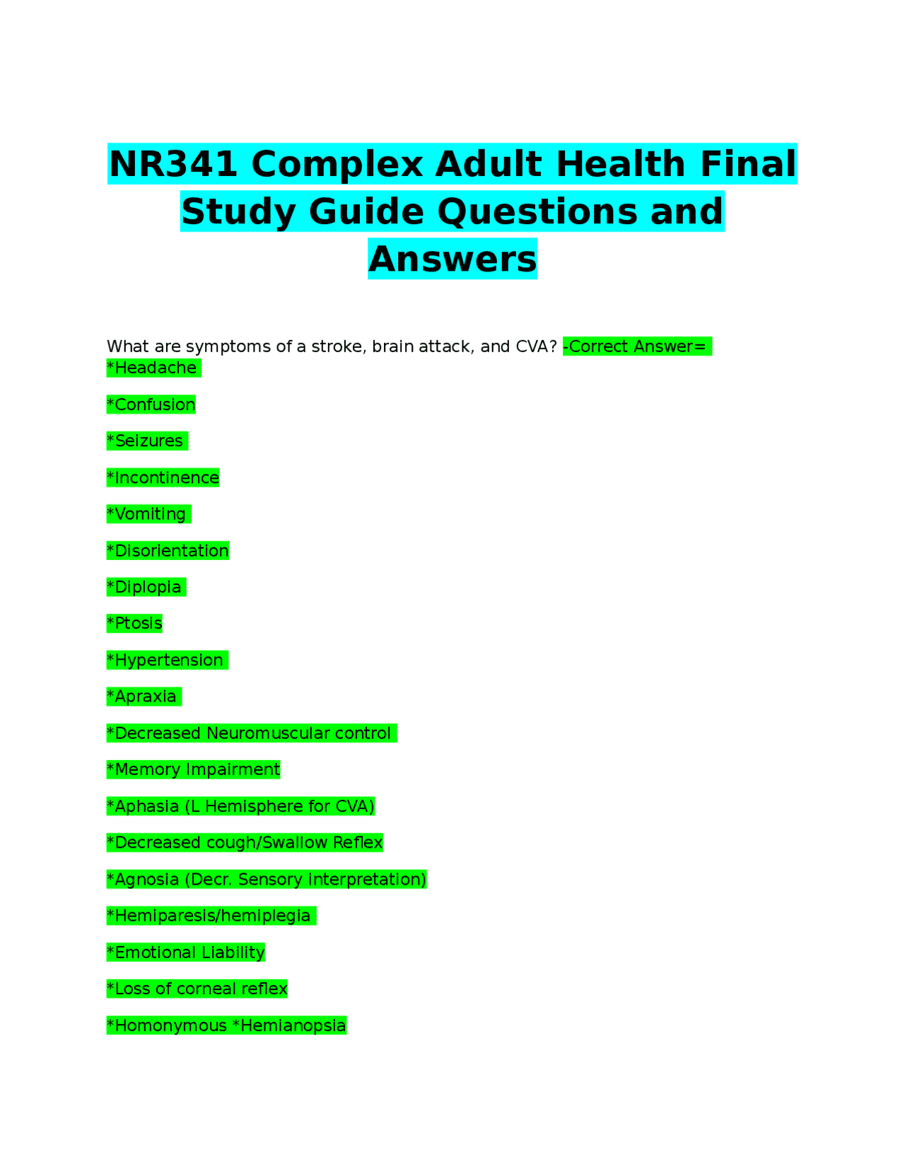 NR341 Complex Adult Health Final Study Guide Questions and Answers ...