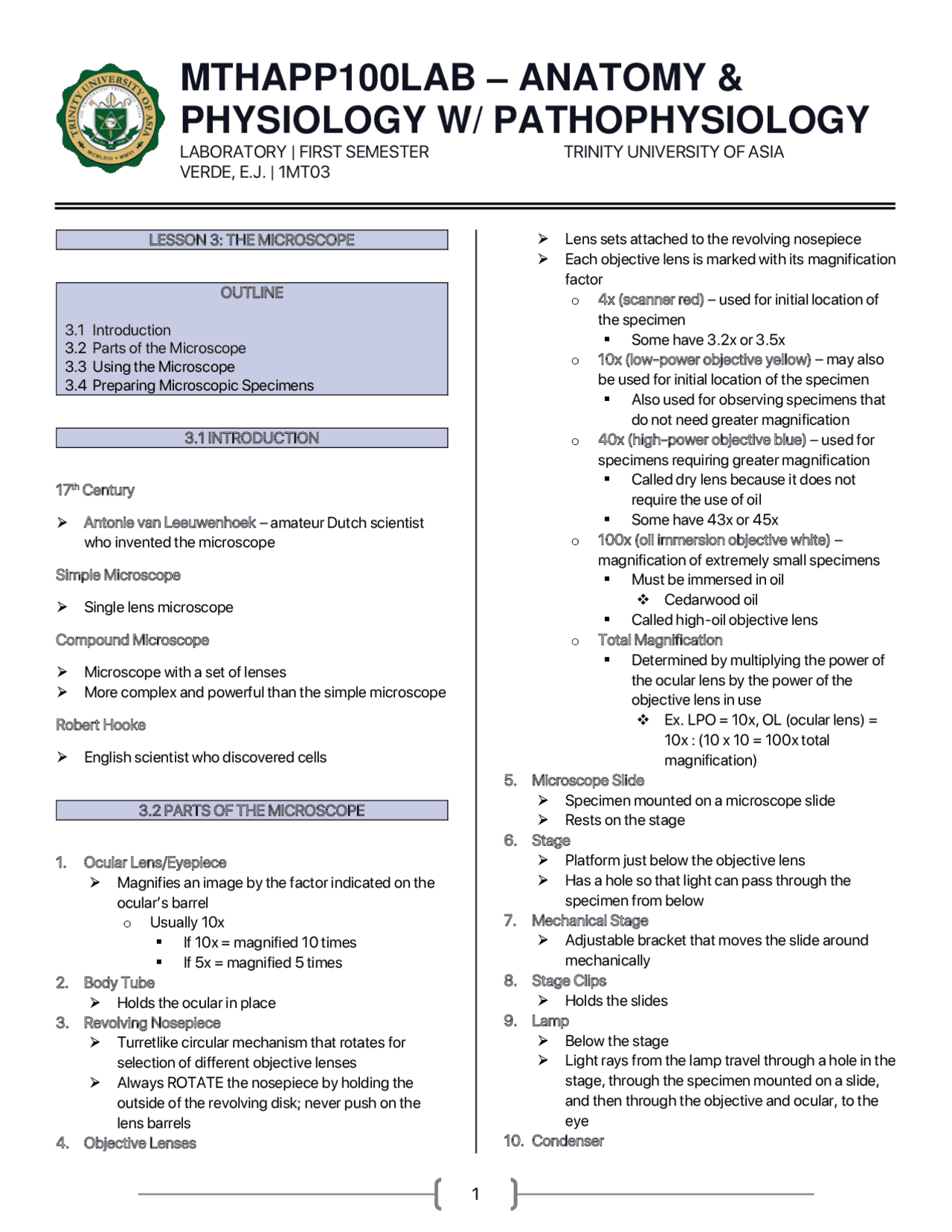 Lab 3: The Microscope | Lecture notes Anatomy | Docsity