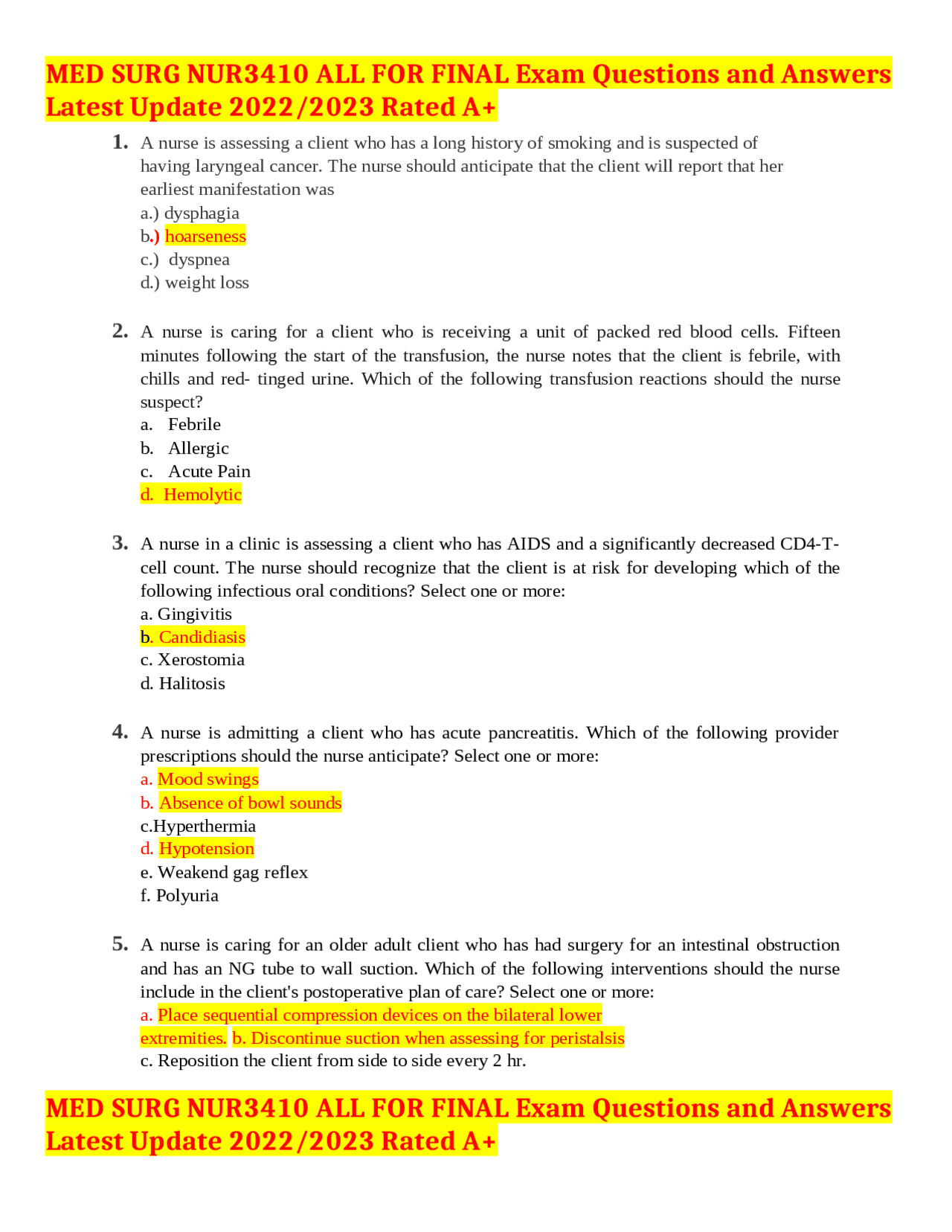 MED SURG NUR3410 ALL FOR FINAL Exam Questions and Answers Latest Update ...