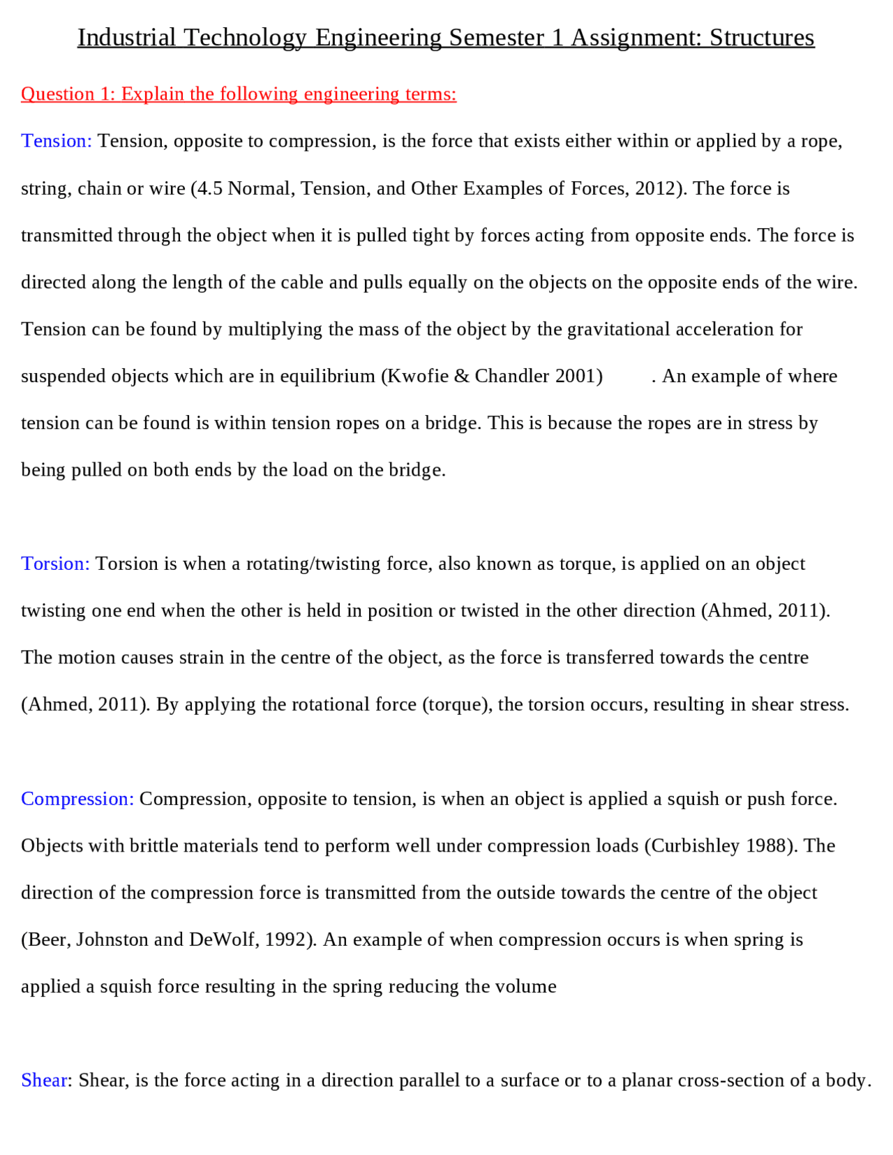 Engineering assignment structures | Exams Engineering | Docsity