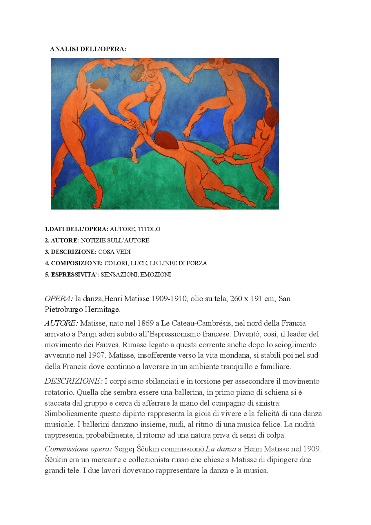 La danza,Henri Matisse 19091910, olio su tela, 260 x 191 cm, San Pietroburgo Hermitage