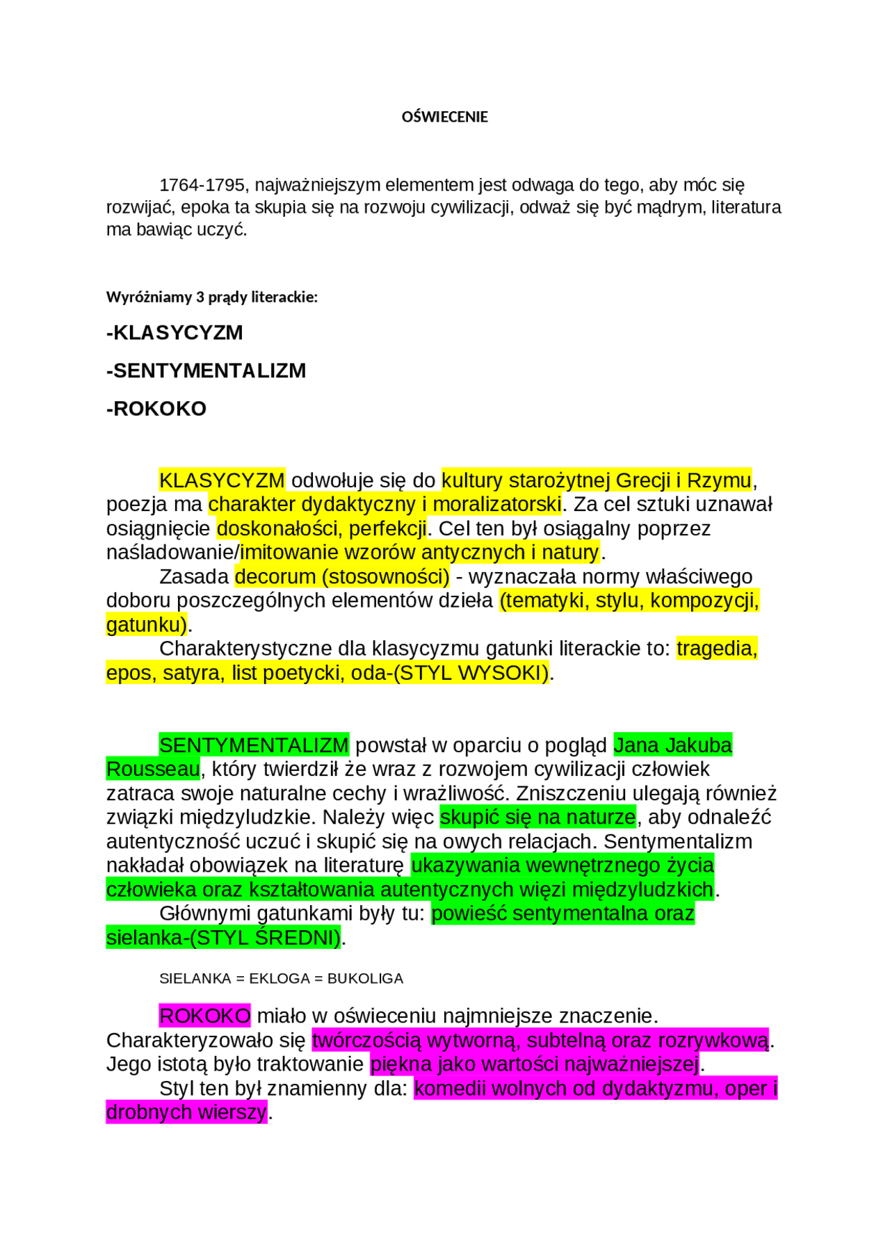 Oświecenie j polski matura | Egzamin maturalny Język polski | Docsity