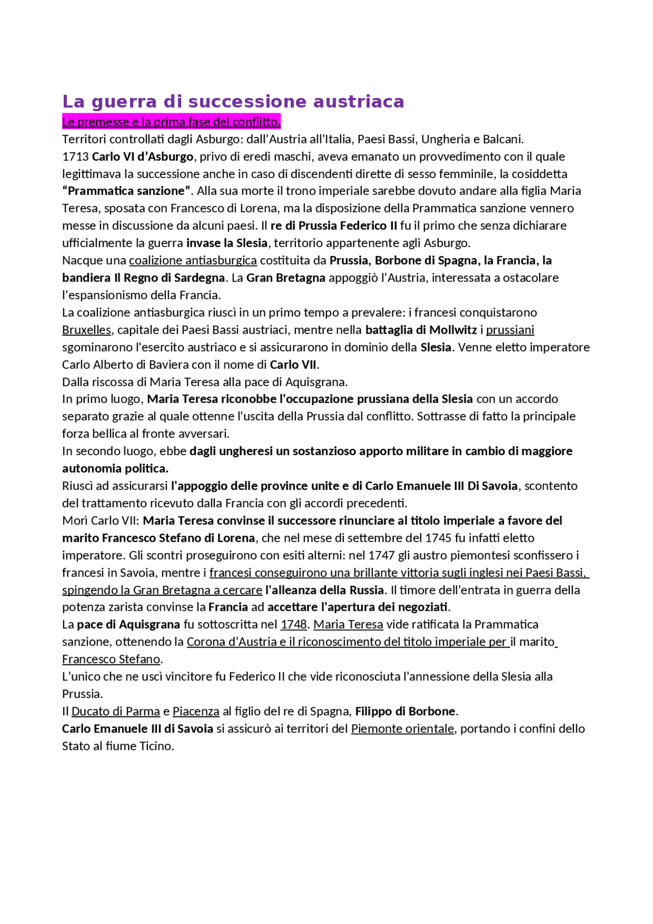 La guerra di successione austriaca Appunti di Storia Docsity