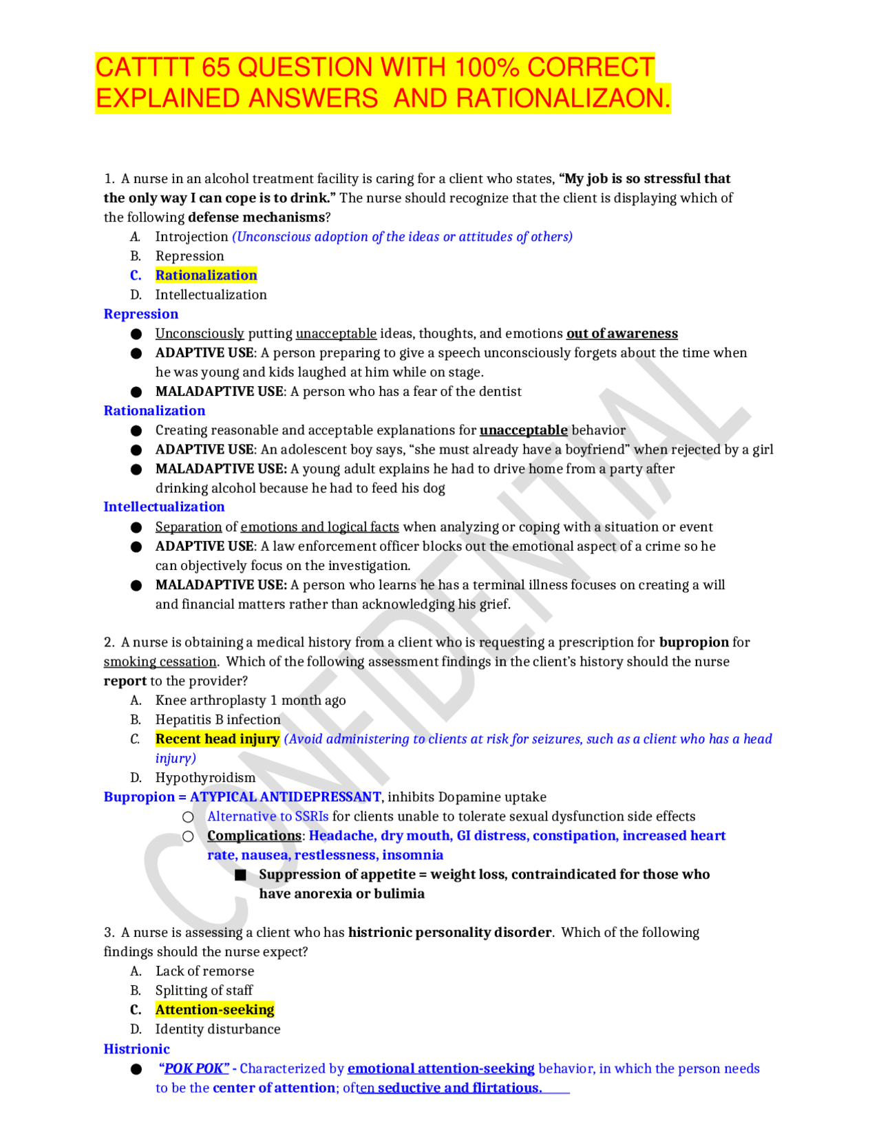 Psychiatric Nursing Questions and Answers | Exams Nursing | Docsity