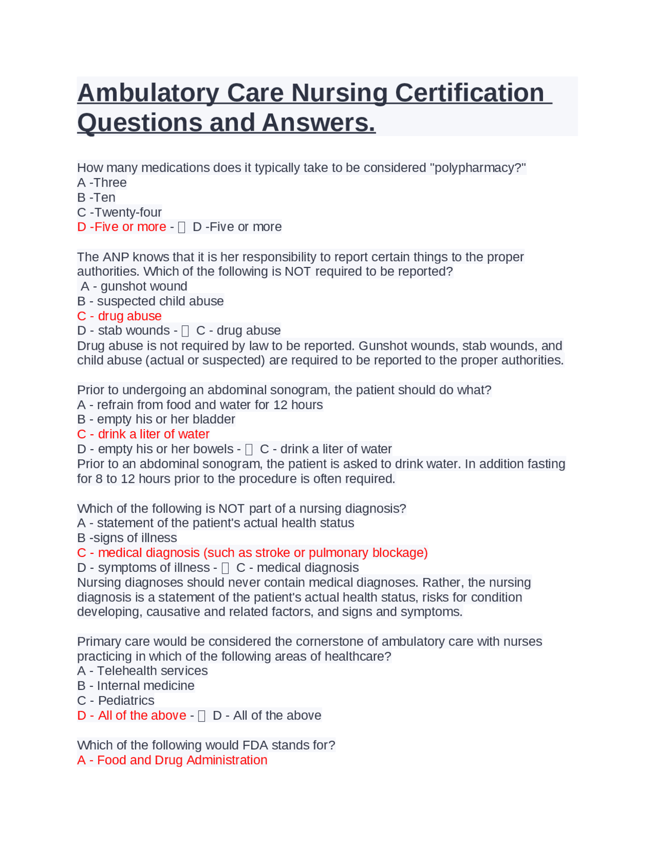 Ambulatory Care Nursing Certification Questions and Answers Exams Ambulatory Care Nursing Certification Questions and Answers Exams