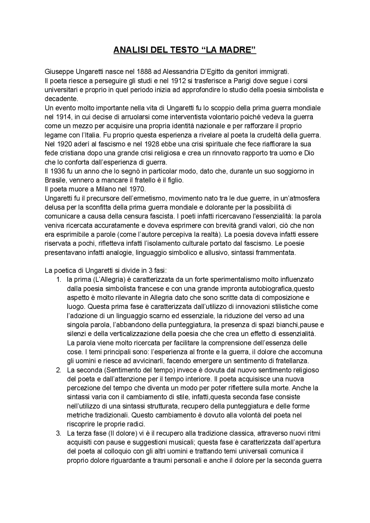 Analisi del testo “La madre” Ungaretti Appunti di Italiano Docsity