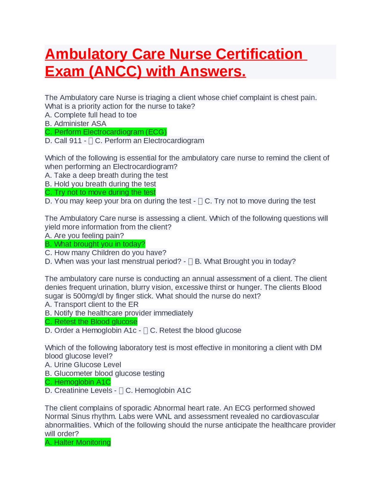 Ambulatory Care Nurse Certification Exam (ANCC) with Answers Exams Ambulatory Care Nurse Certification Exam (ANCC) with Answers Exams