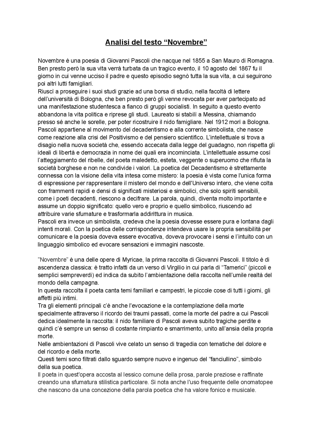 Analisi del testo “Novembre” Pascoli Appunti di Italiano Docsity