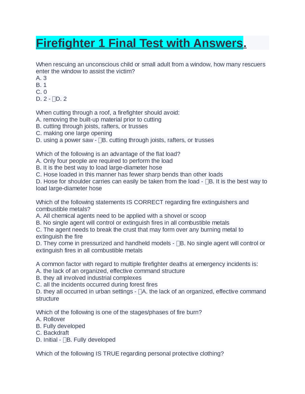 Firefighter 1 Final Test with Answers. | Exams Safety and Fire ...