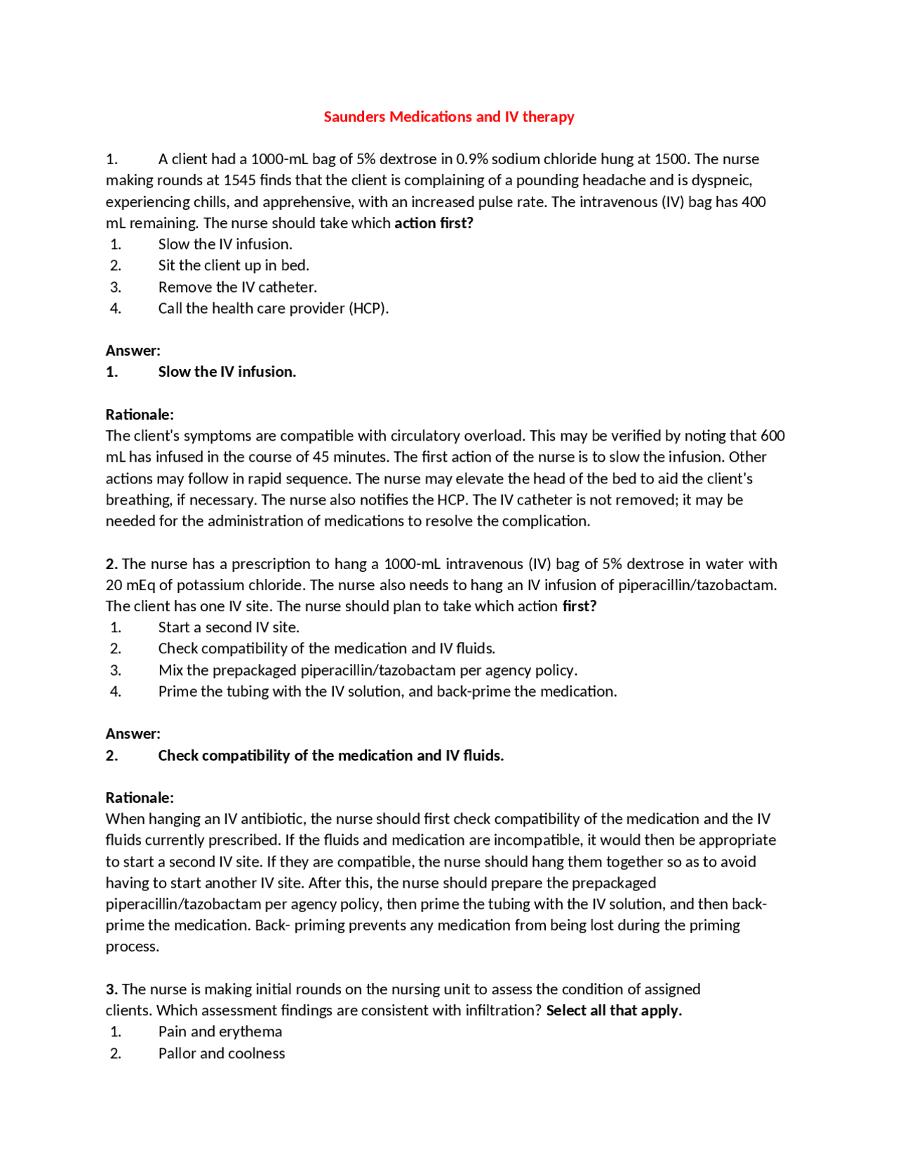 Saunders Medications and IV therapy questions with correct answers ...