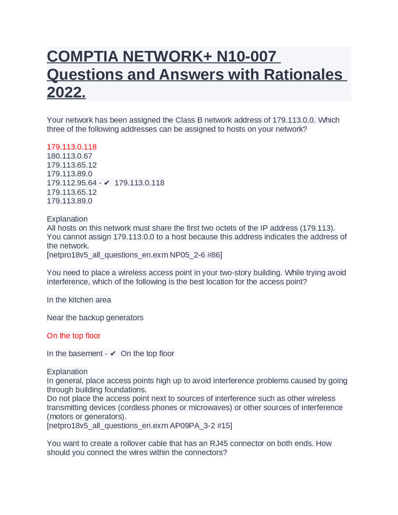 COMPTIA NETWORK+ N10-007 Questions and Answers with Rationales 2022 ...