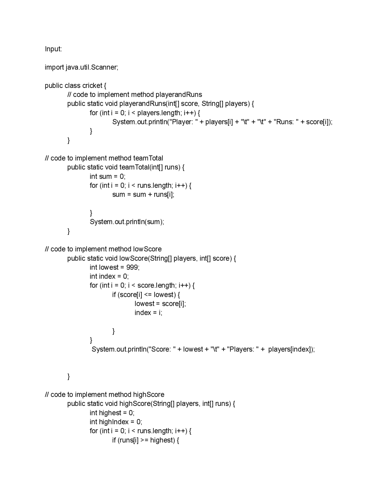 AP JAVA cricket program | Assignments Computer science | Docsity