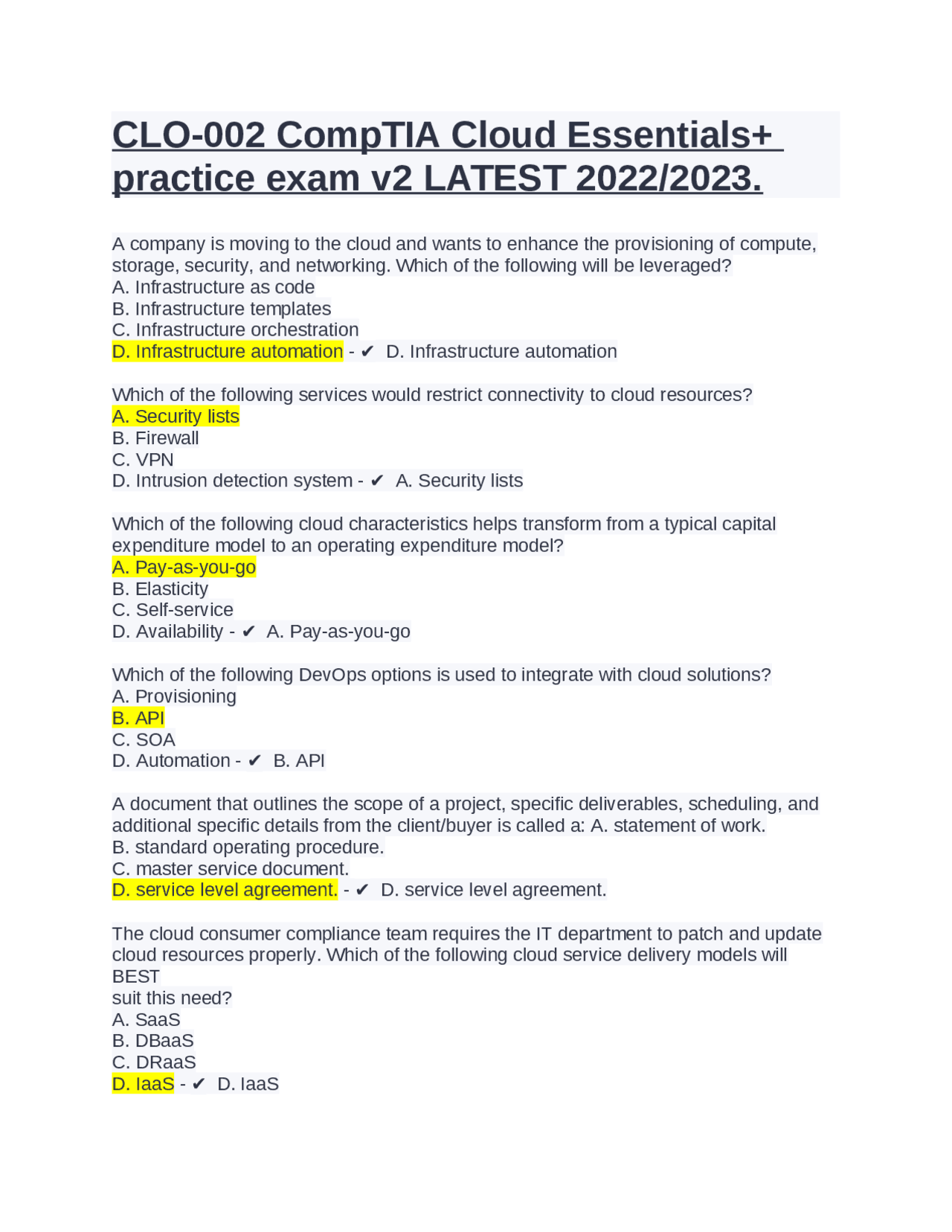 CLO-002 CompTIA Cloud Essentials+ practice exam v2 LATEST 2022/2023 ...