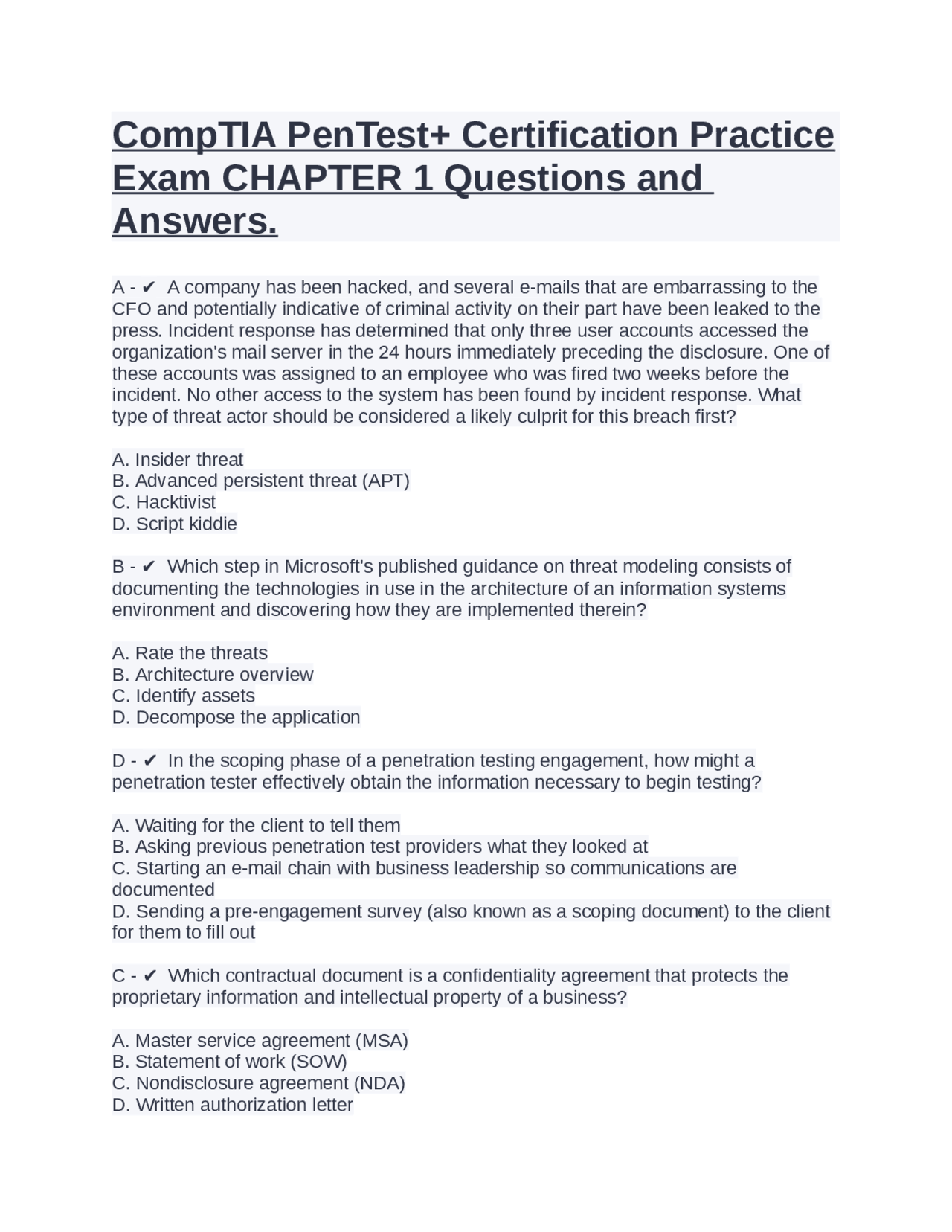 CompTIA PenTest+ Certification Practice Exam CHAPTER 1 Questions and ...