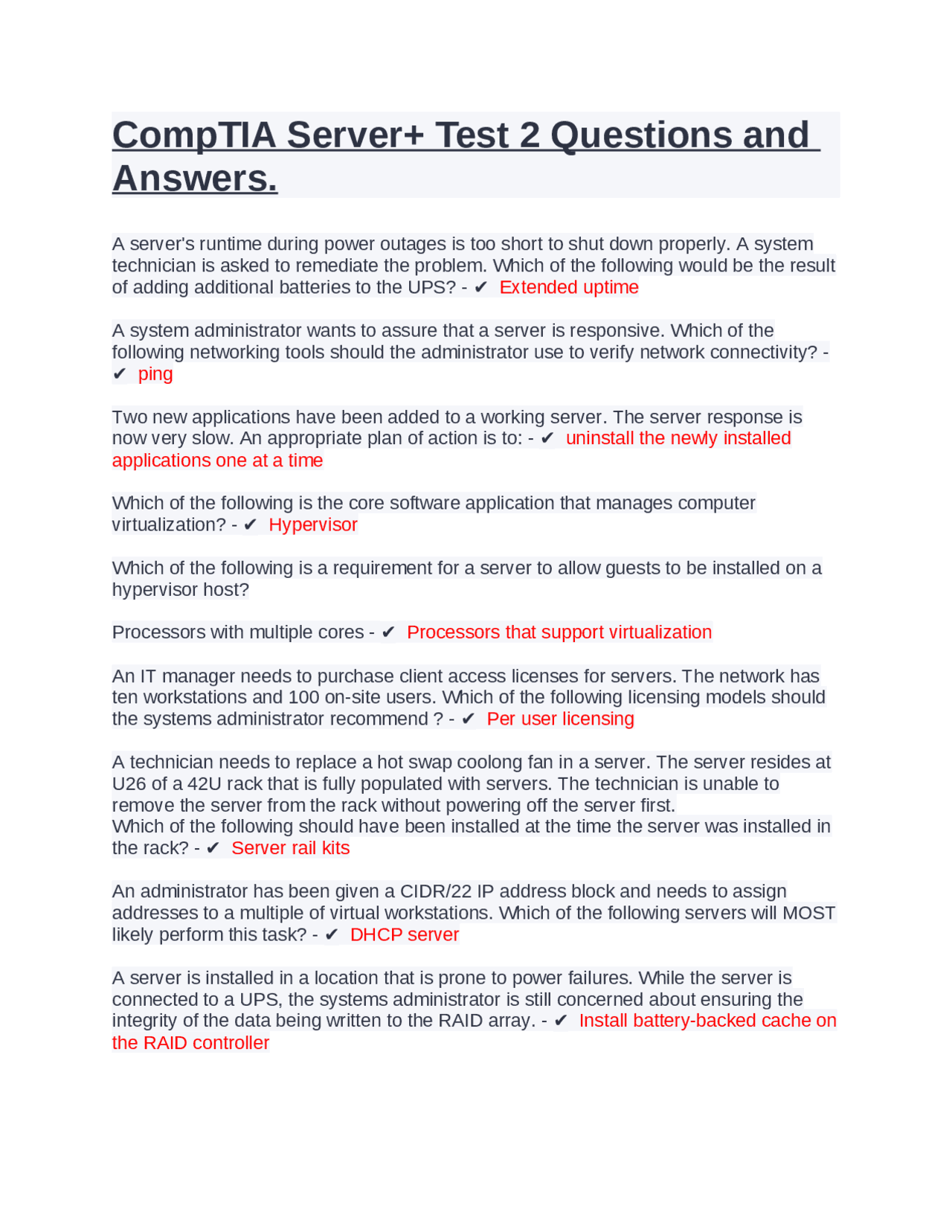 CompTIA Server+ Test 2 Questions and Answers. | Exams Computer Science ...